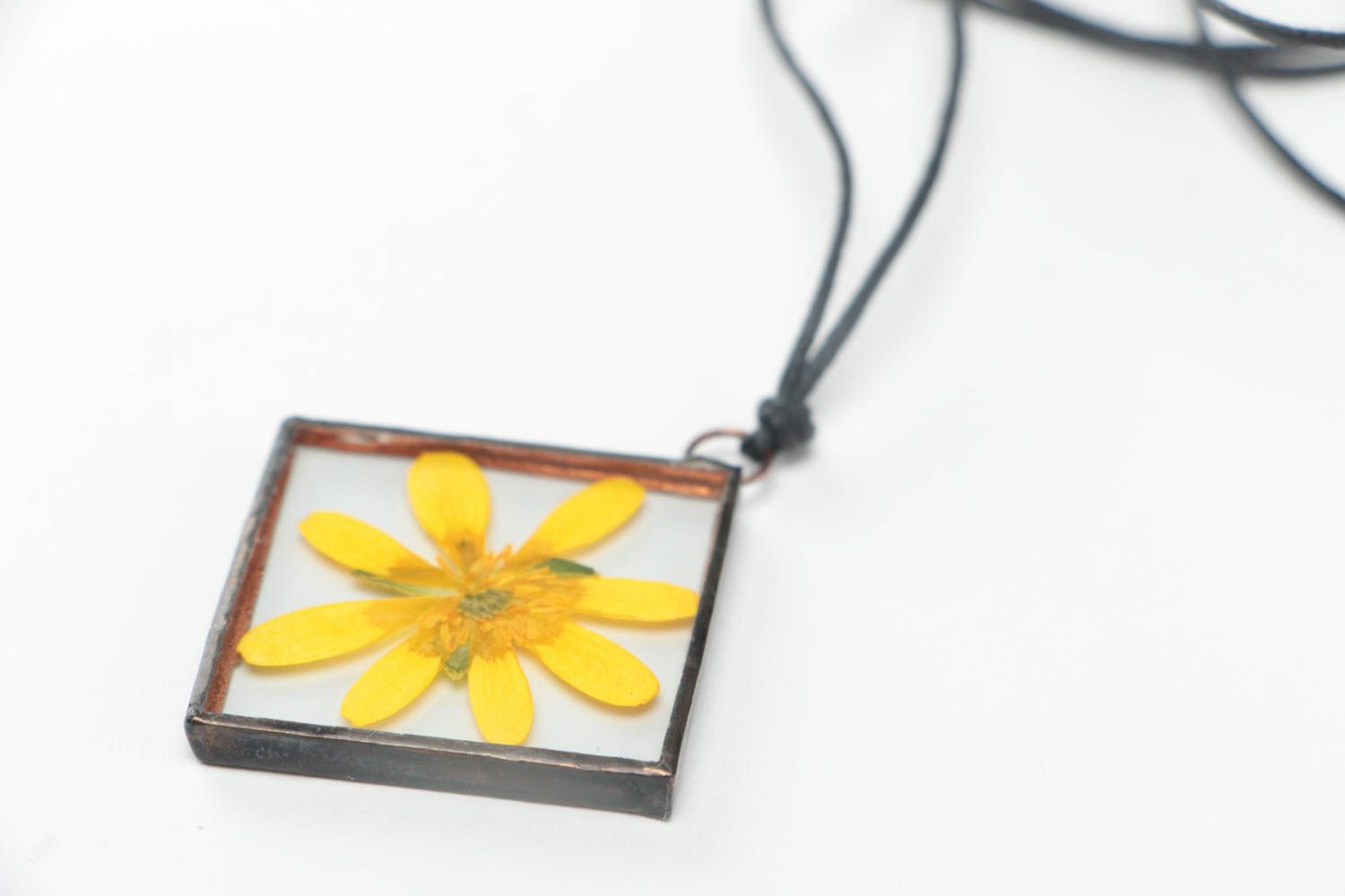 Beautiful handmade glass pendant with real flower inside on waxed cord Yellow photo 3