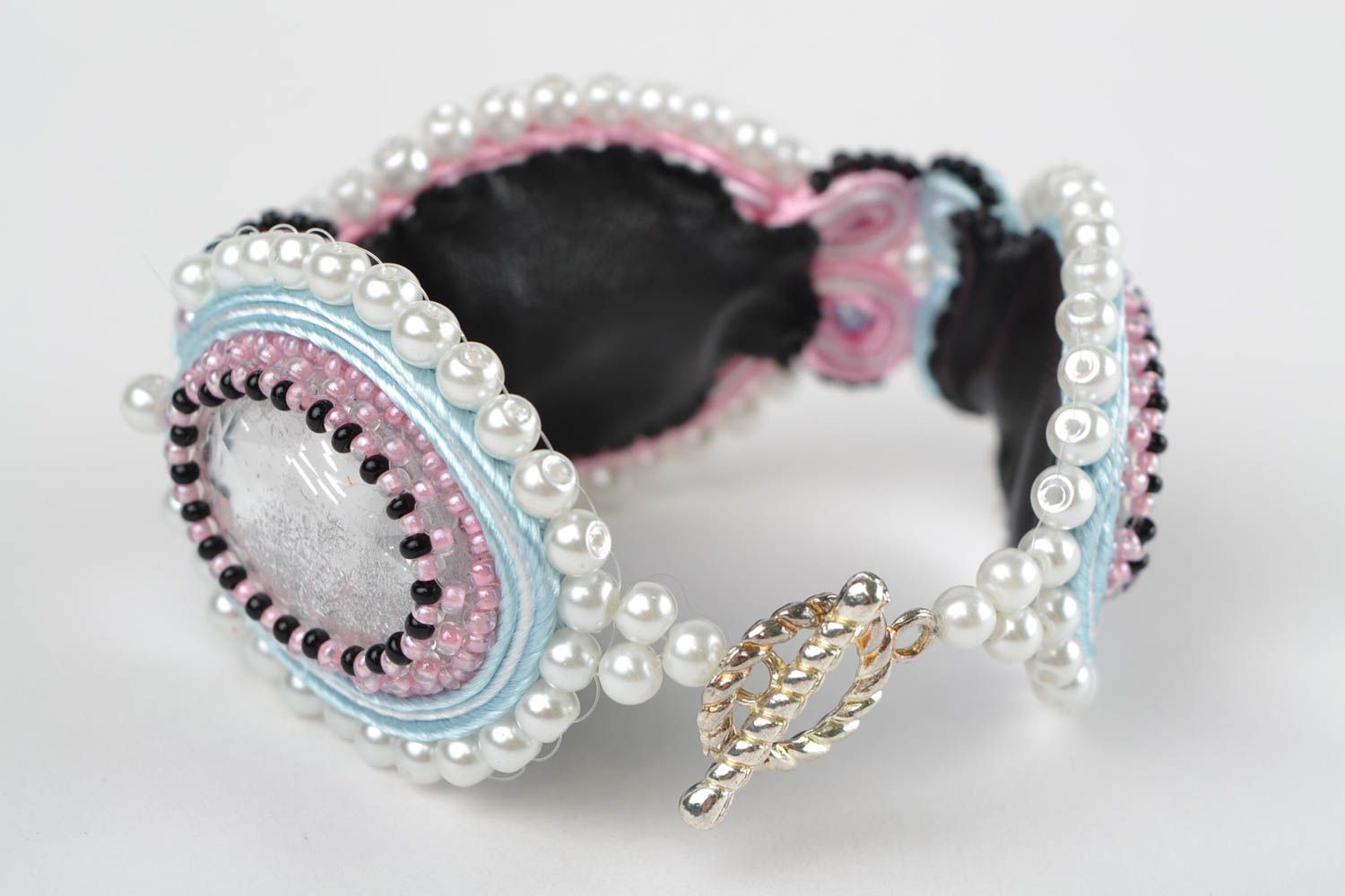 Handmade wrist bracelet embroidered with soutache cord and seed beads light blue photo 4