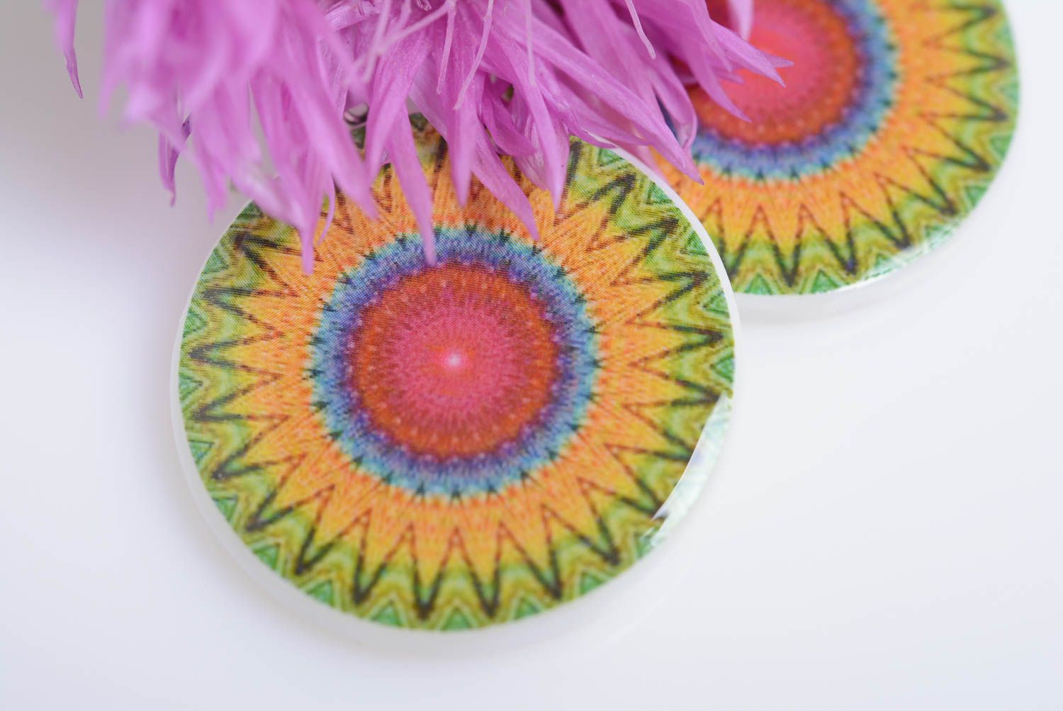 Beautiful bright handmade polymer clay round earrings with decoupage for summer photo 2