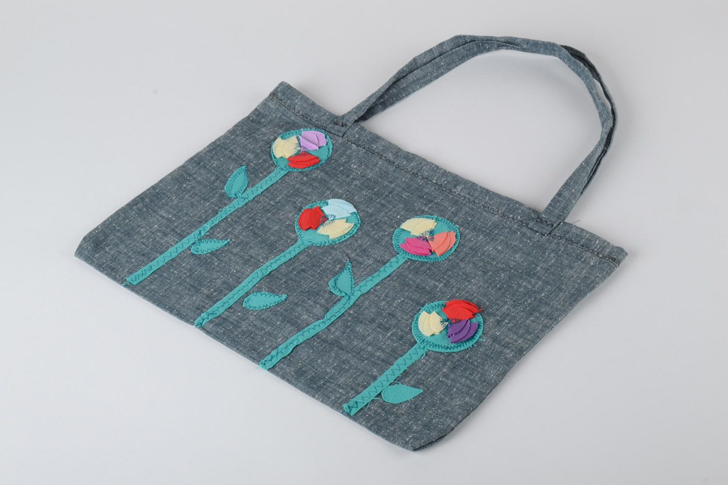 Damen Tasche aus Textil mit Applikation Blumen blau handmade Öko  foto 2