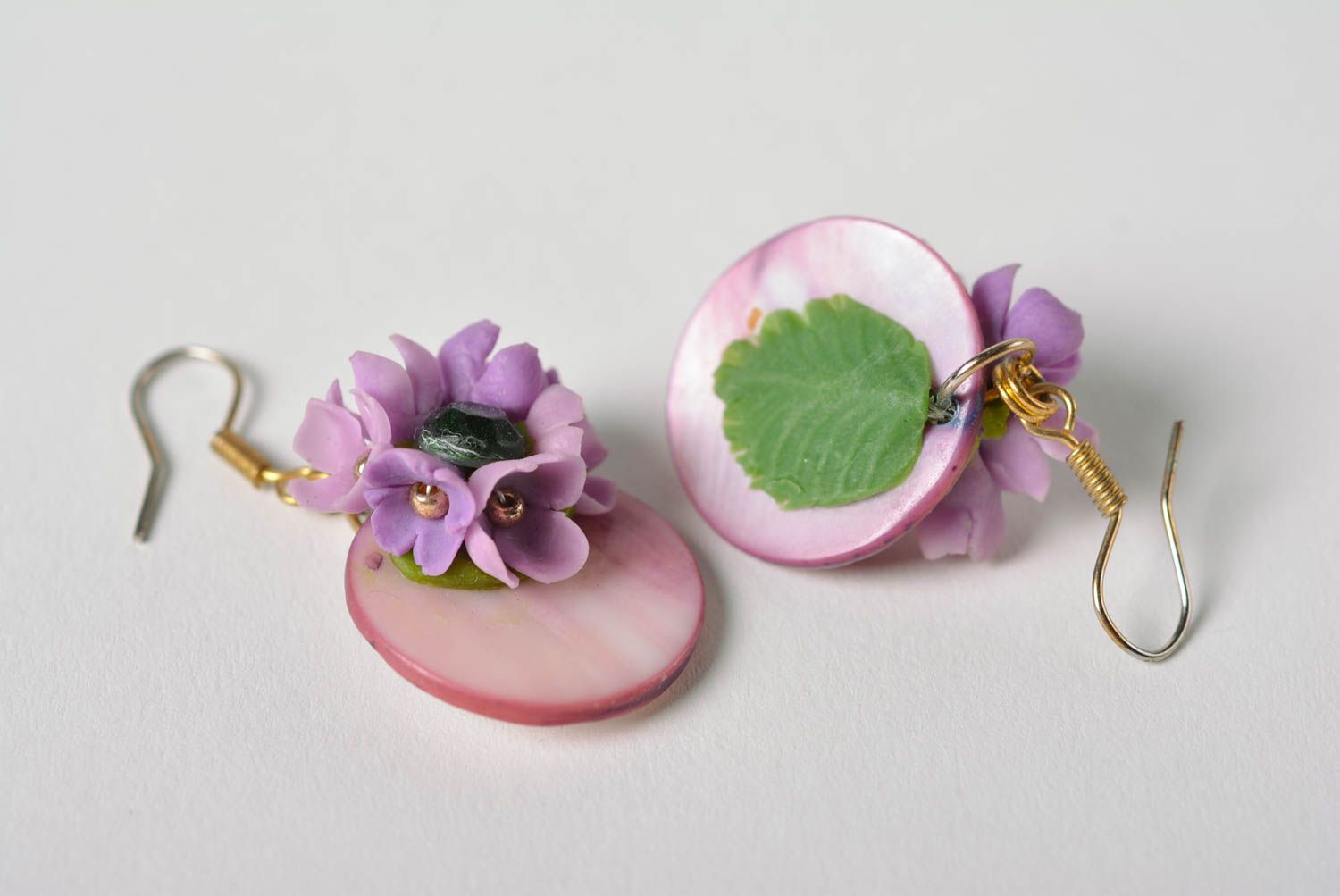 Unusual beautiful lilac handmade designer plastic flower earrings photo 4