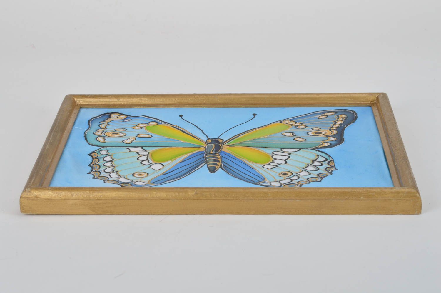 Tableau en batik à froid sur tissu fait main décoratif de créateur Papillon bleu photo 2