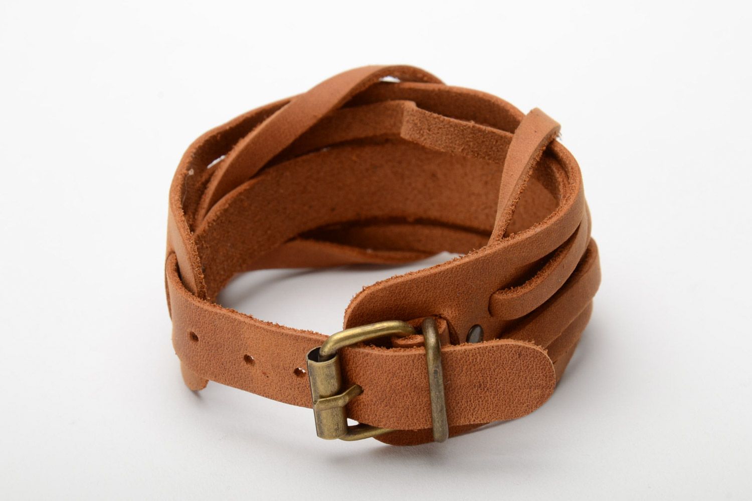 Handmade brown woven genuine leather wide bracelet  photo 4