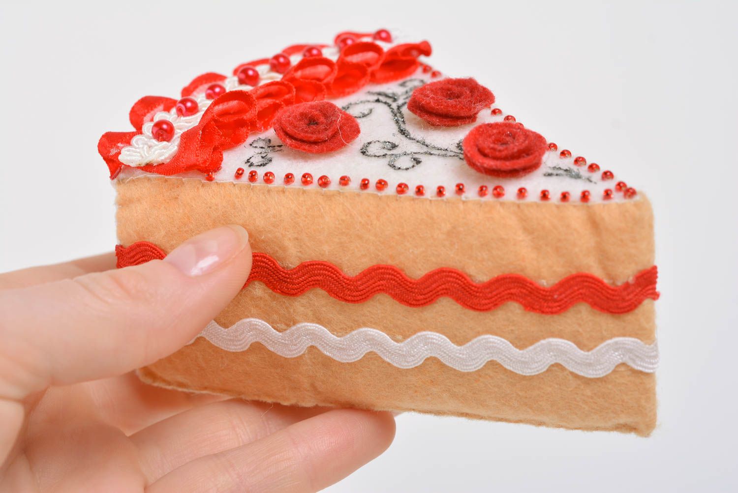 Handmade designer soft pincushion sewn of felt in the shape of red sweet cake photo 4
