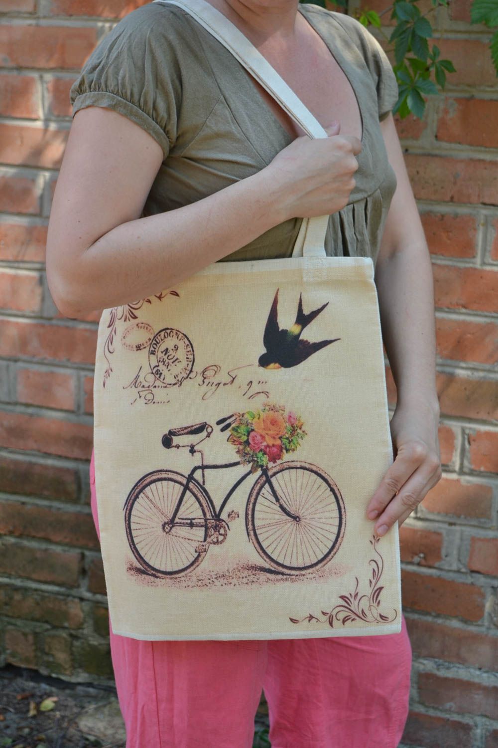 Handmade stylish designer textile eco bag with romantic print and two handles  photo 1