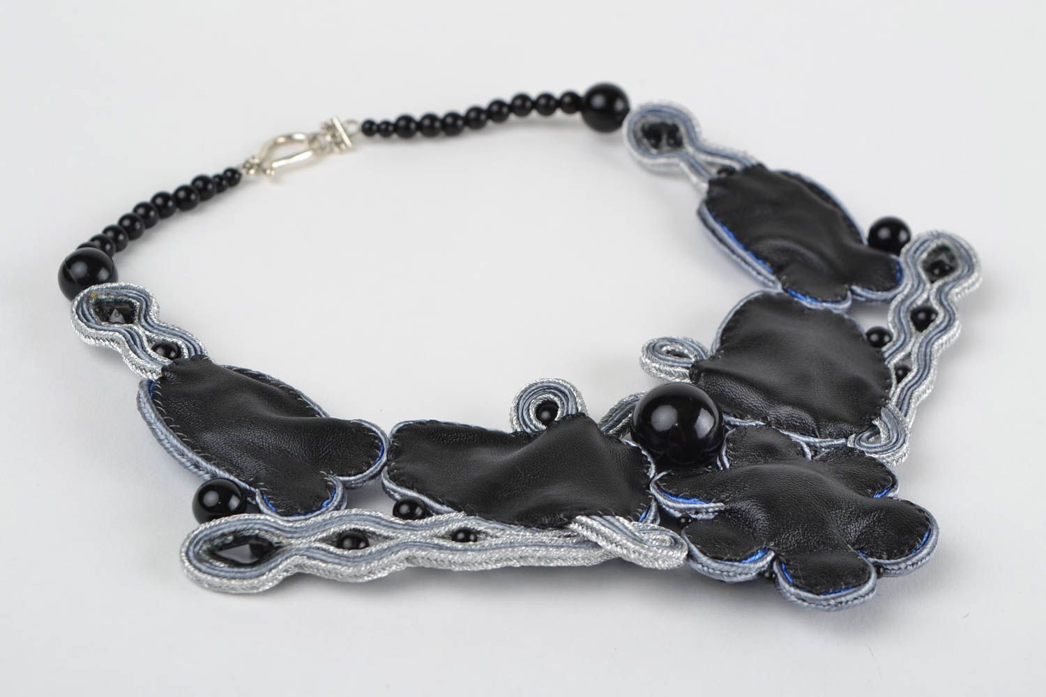 Handmade designer soutache necklace with obsidian Winter Sky photo 5