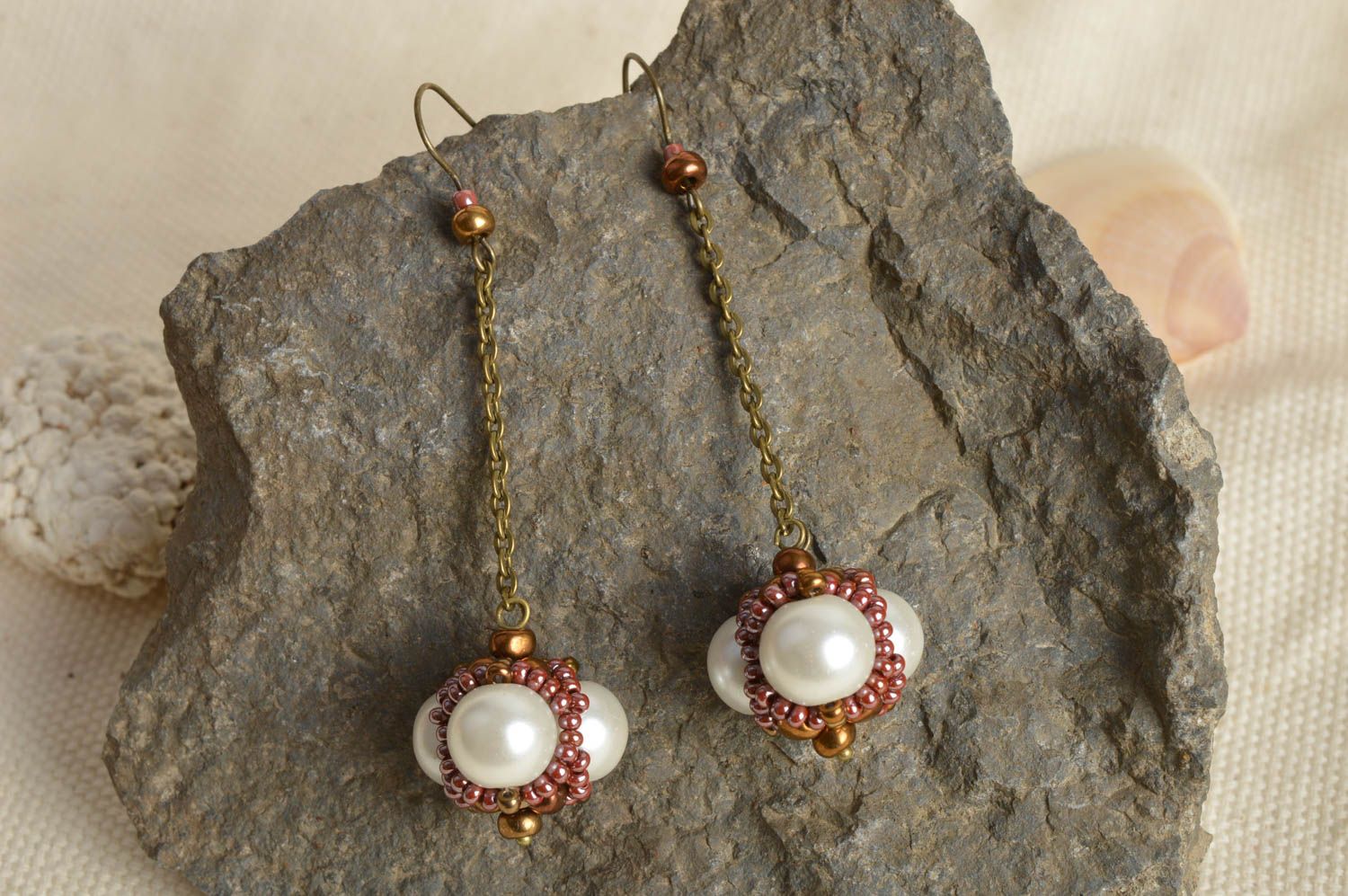 Handmade long dangle earrings with metal chains and pearl like beads photo 1