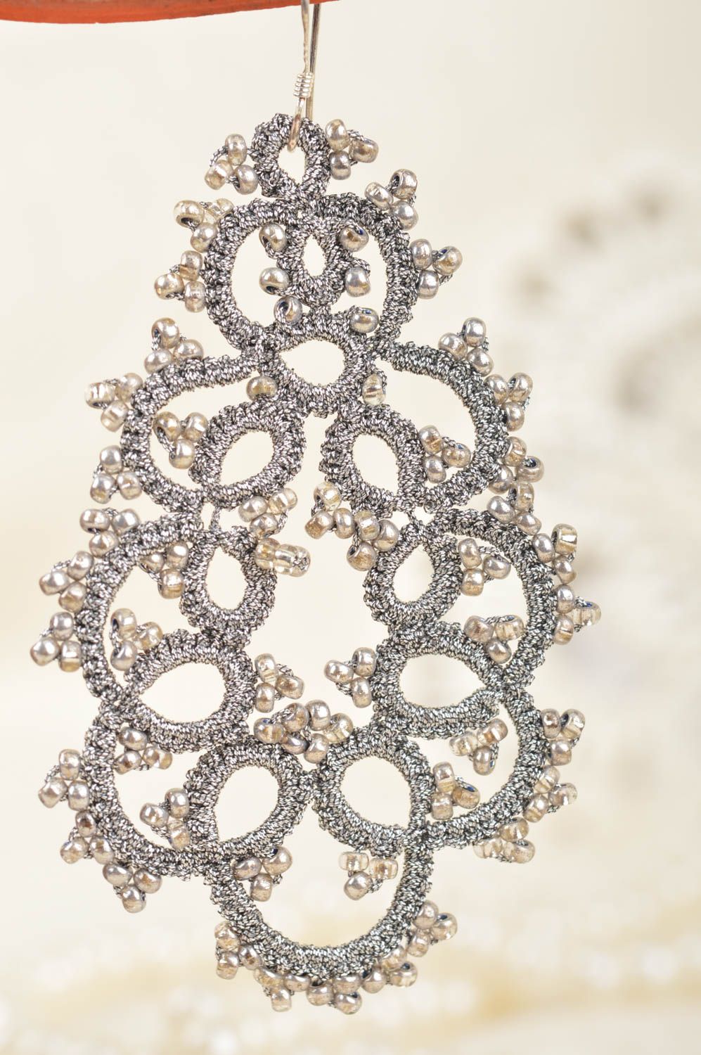 Handmade designer massive lace drop tatted dangle earrings light gray long photo 3
