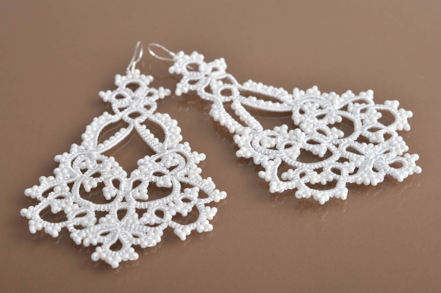 Large white handmade designer tatting lace earrings with beads for women photo 2