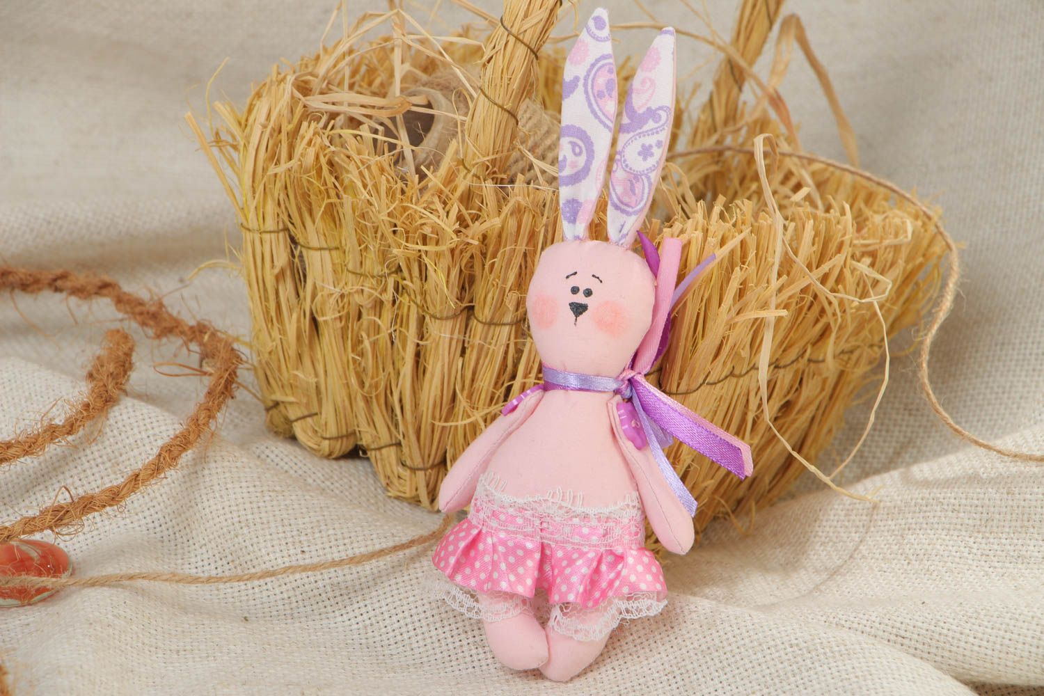 Handmade soft toy sewn of cotton fabric Pink rabbit with long ears and skirt photo 1