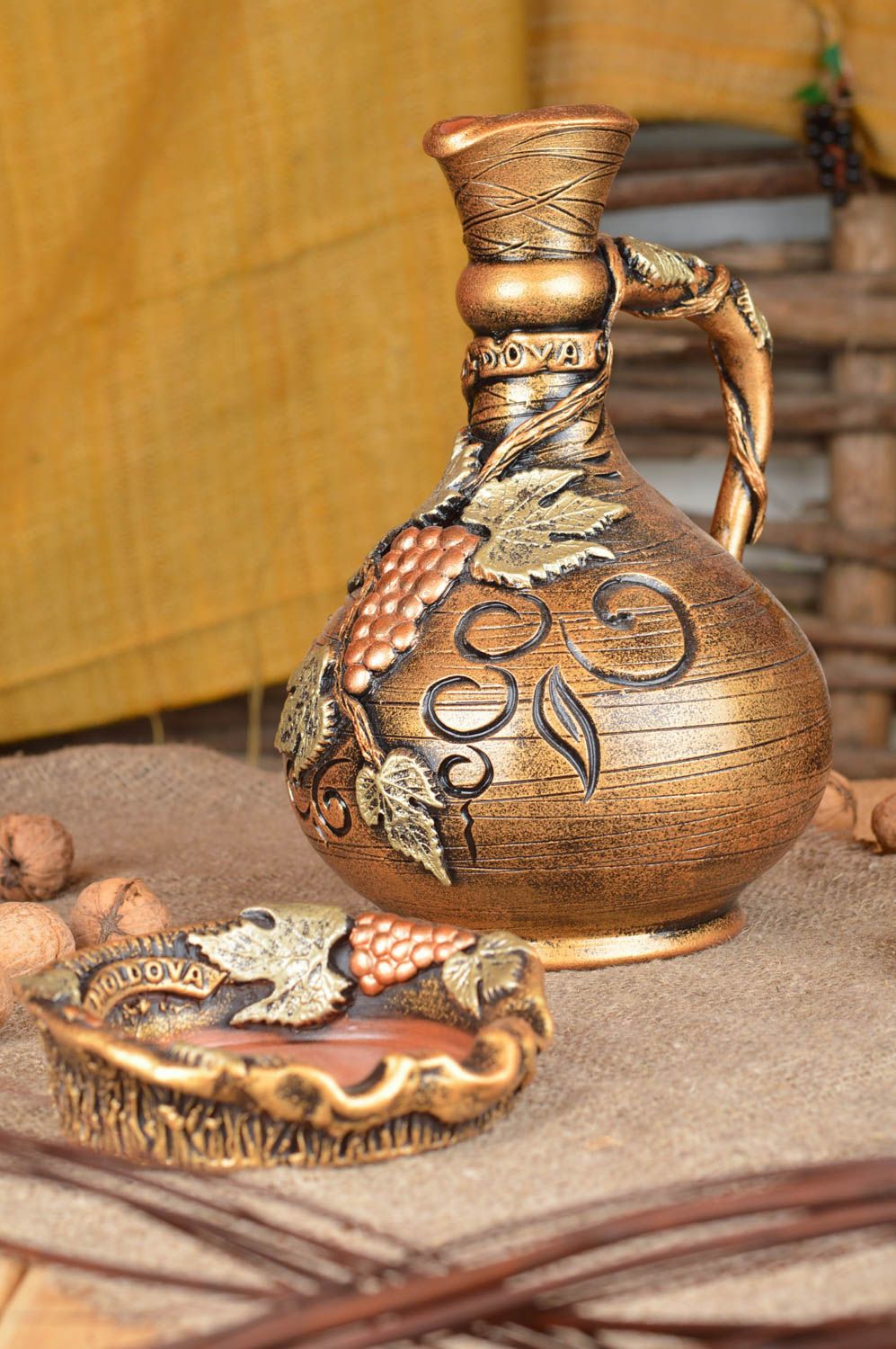 Juego de cerámica botella de arcilla y cenicero artesanales marrones regalo  foto 1