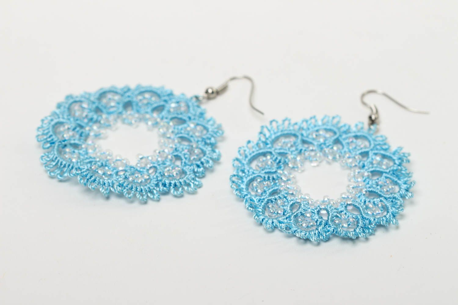 Blue handmade tatting earrings woven earrings ideas textile jewelry designs photo 3