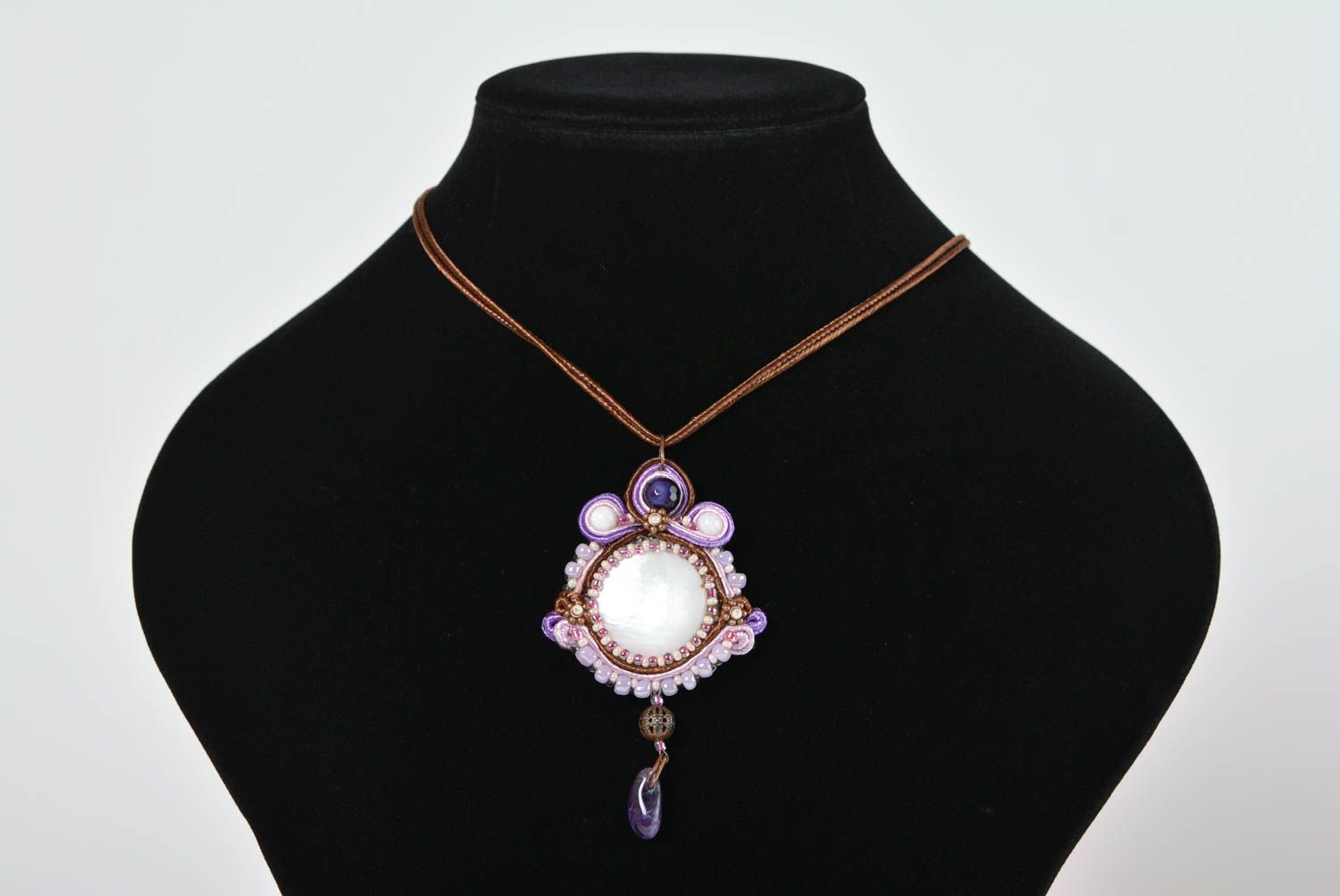 Handmade pendant soutache necklace evening accessories with natural stones photo 1