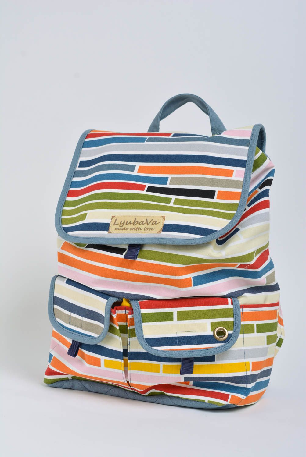 Unusual beautiful handmade fabric women's backpack colorful striped photo 1