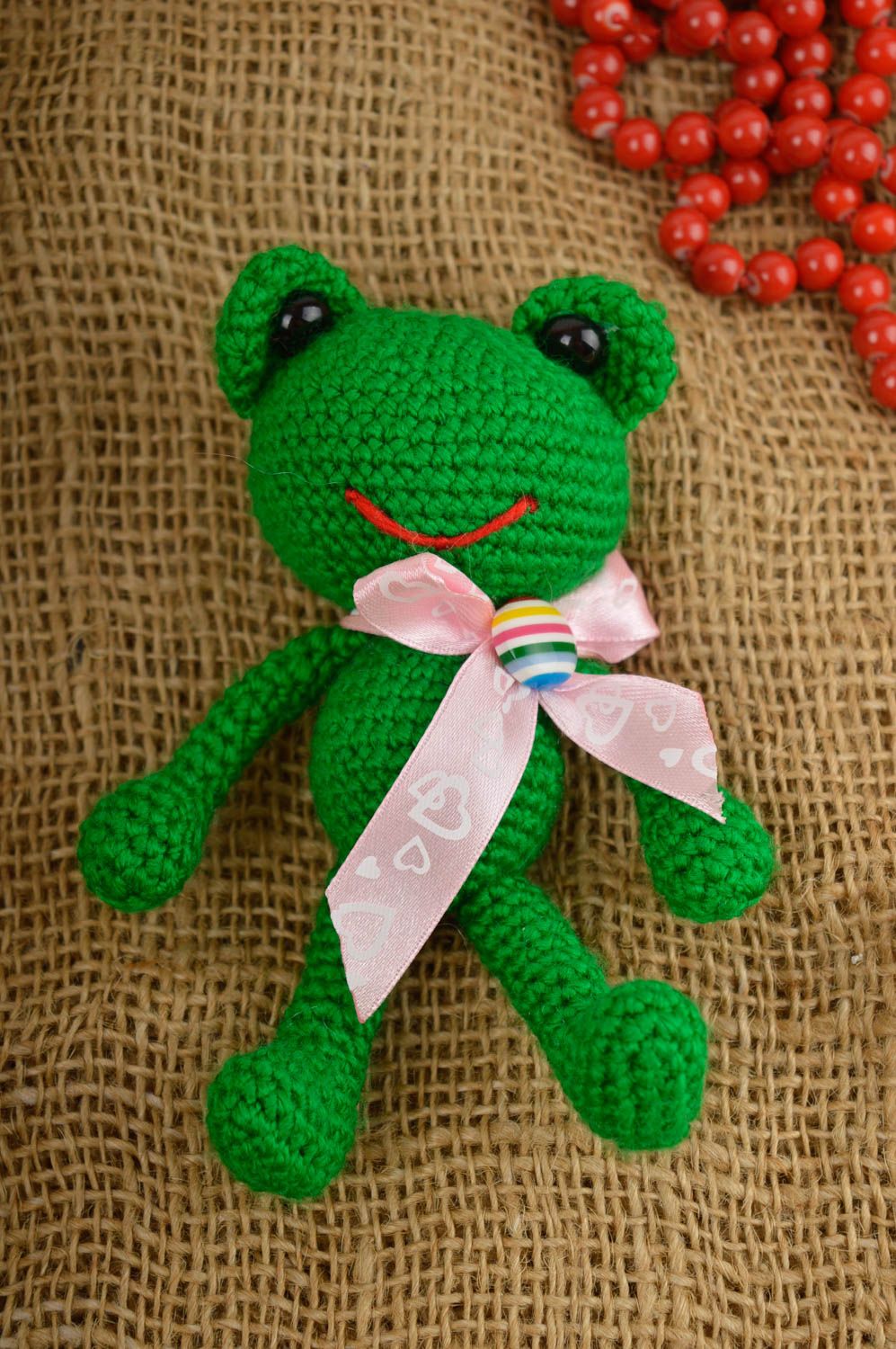 Jouet grenouille Peluche faite main avec noeud rose Cadeau pour enfant photo 1