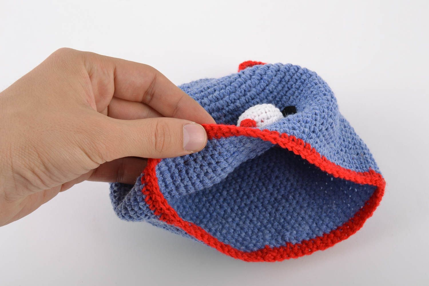 Handmade baby hat crocheted of blue and red cotton threads with bear muzzle photo 2