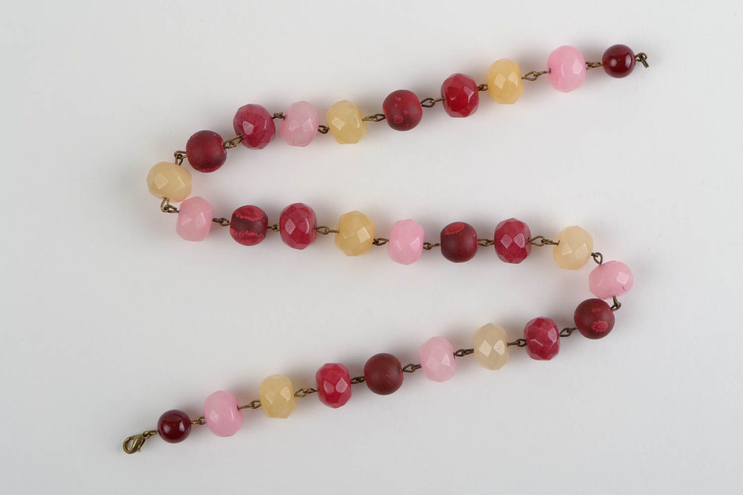 Handmade designer colorful agate coral and glass bead necklace pink and beige photo 3