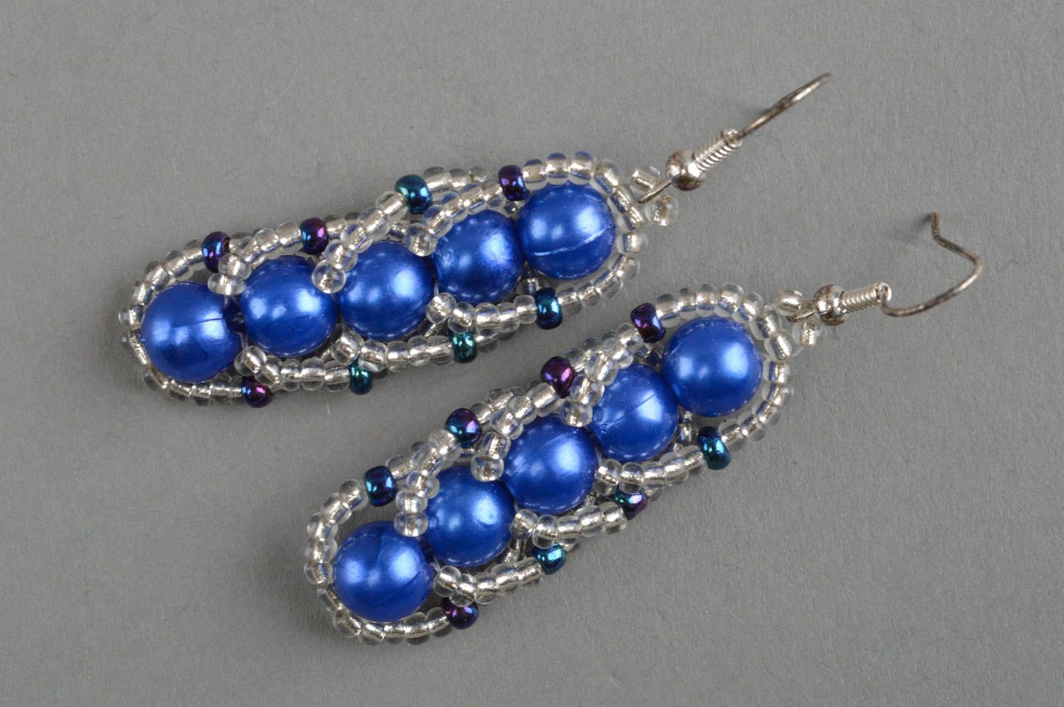 Handmade designer earrings blue beaded accessories stylish woven jewelry photo 2