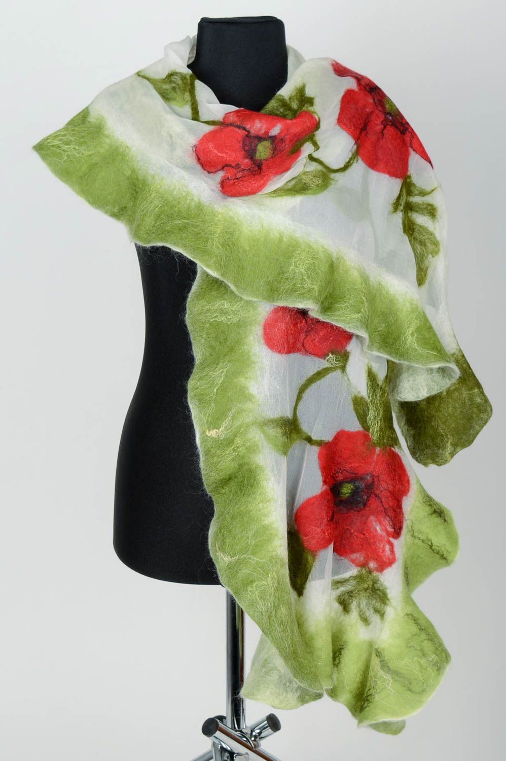 Красивый длинный шарф из шифона 100  шерсти шелка с маками ручной работы фото 1