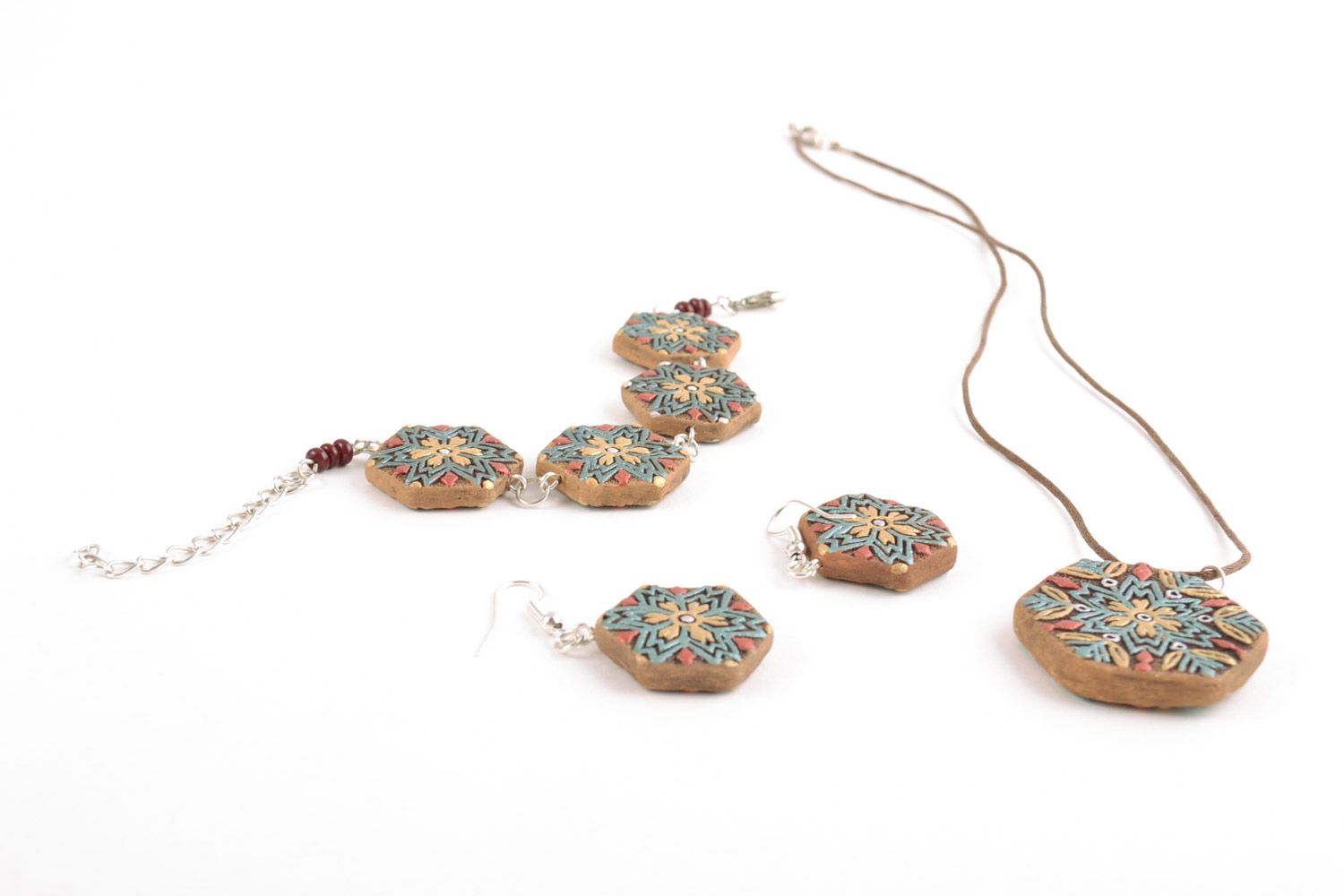 Set of handmade ethnic ceramic jewelry 3 items pendant earrings and bracelet photo 3
