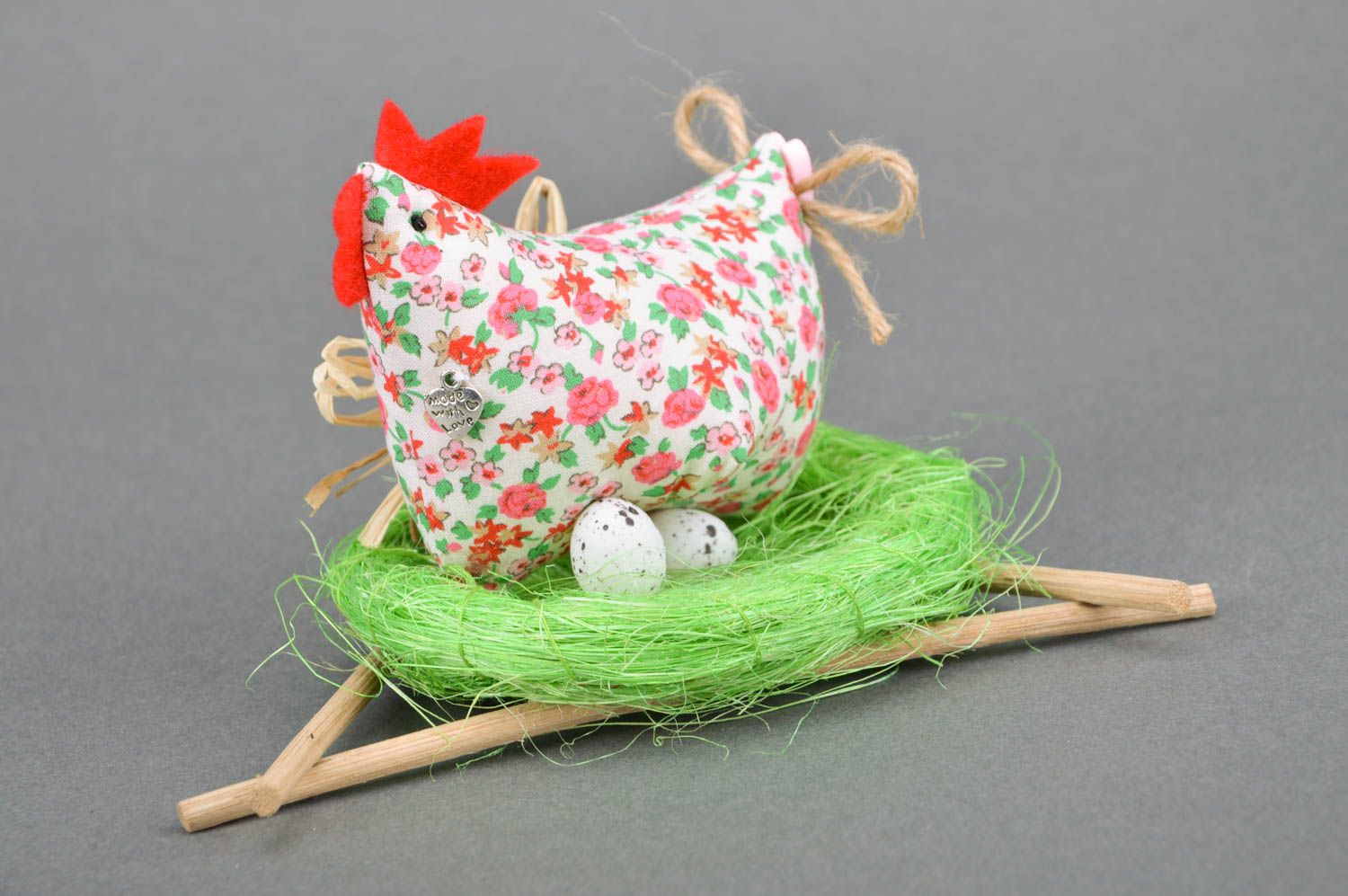 Handmade designer toy in the form of hen in nest made of natural fabrics photo 2