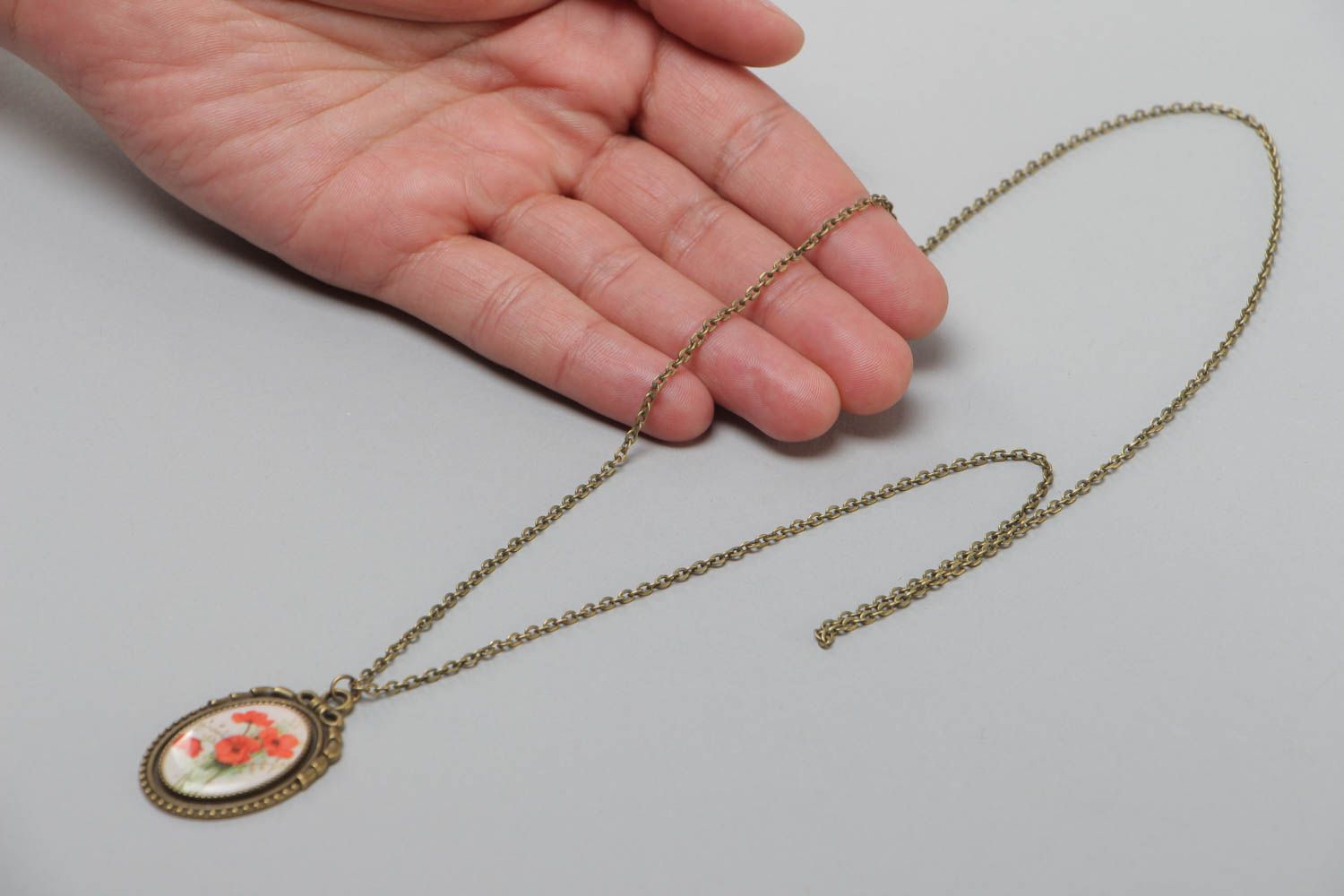 Handmade glass glaze oval pendant with metal chain for women photo 5