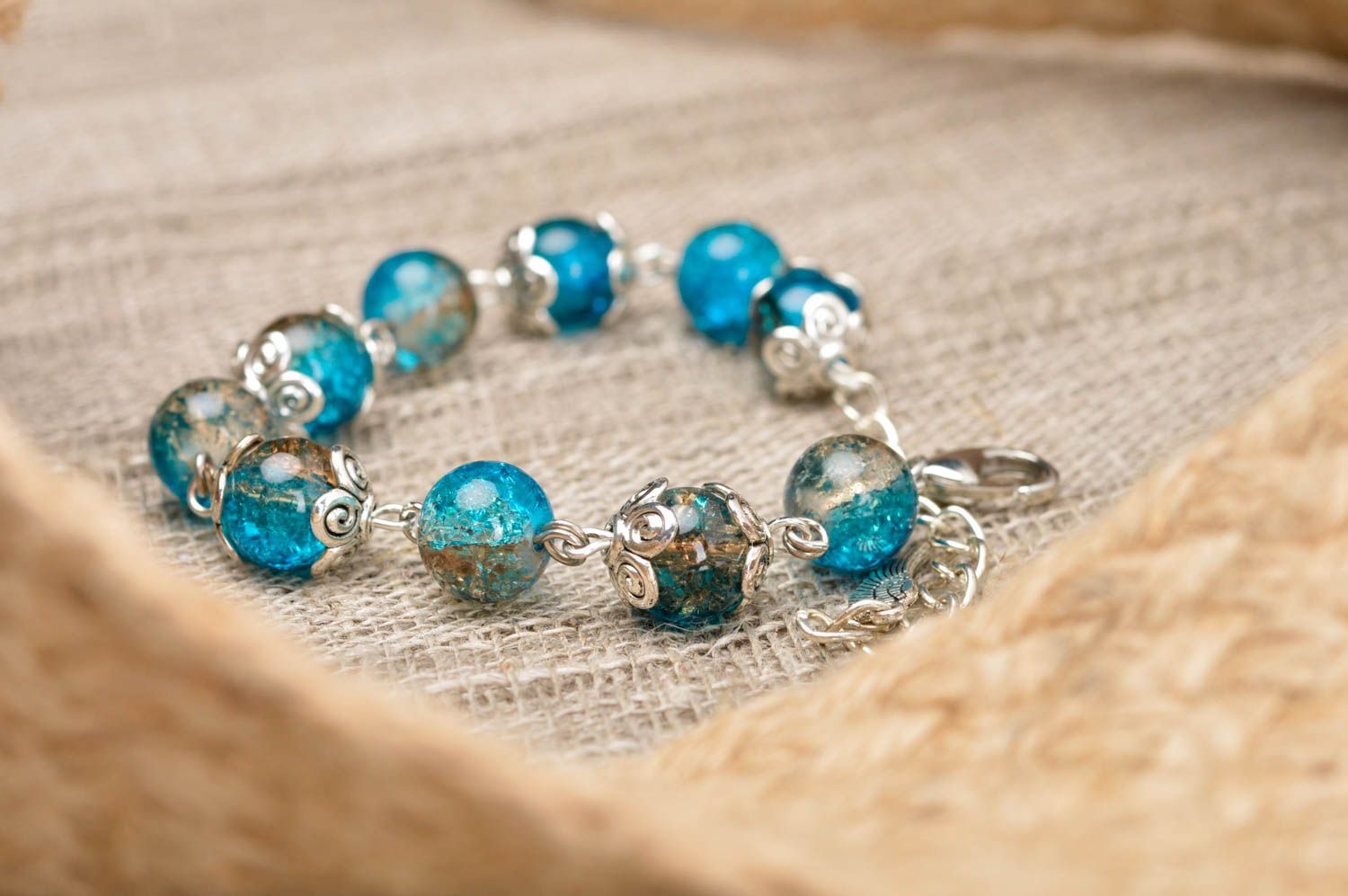 Bracelet verre design Bijou fait main bleu Accessoire femme fourniture métal photo 1