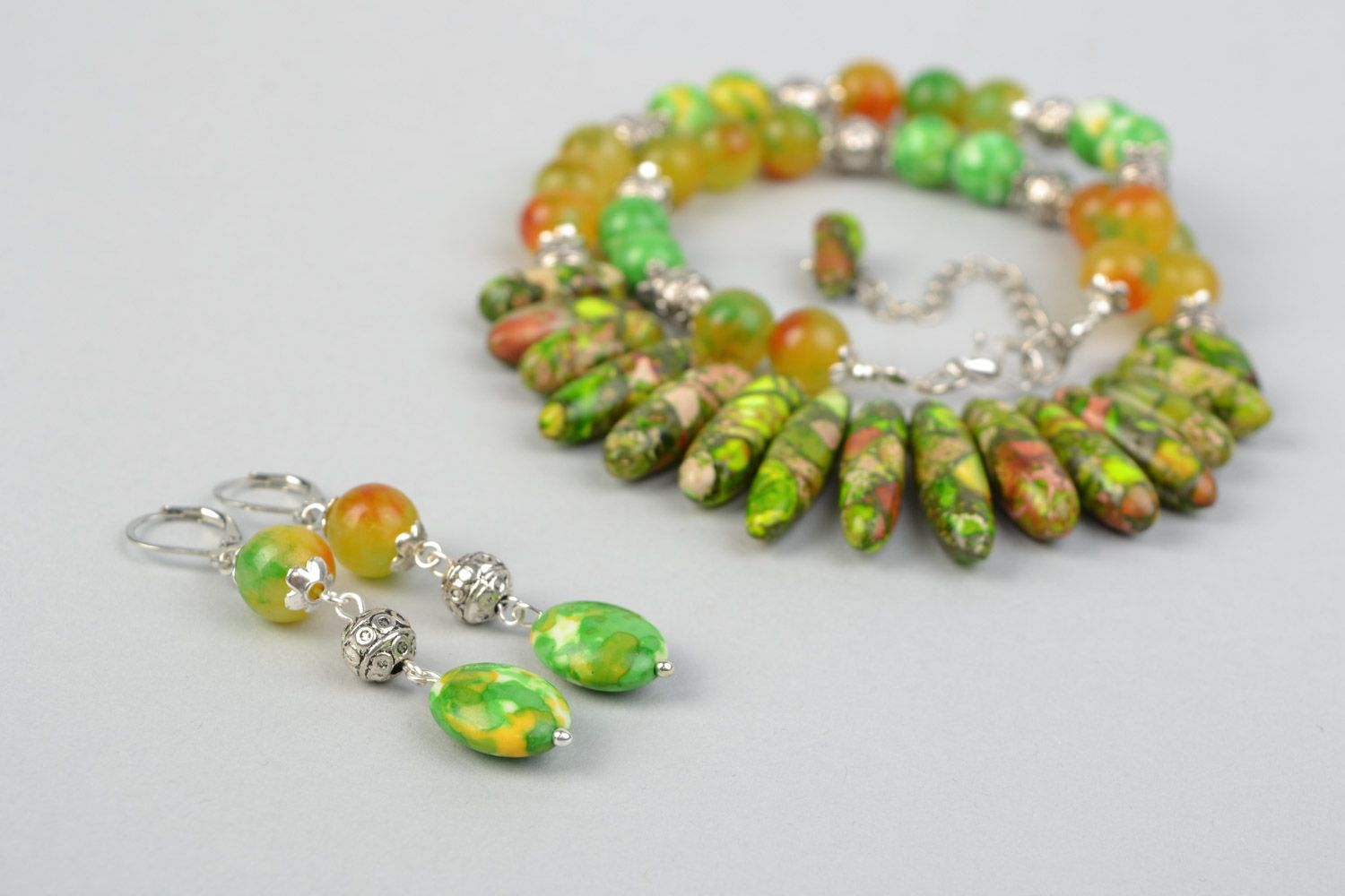 Handmade natural stone green variscite jewelry set necklace and earrings  photo 5