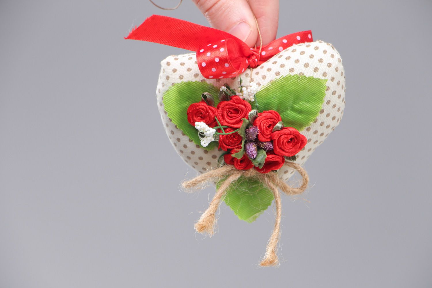 Handmade fabric soft interior pendant heart with ribbon flowers for home decor photo 4