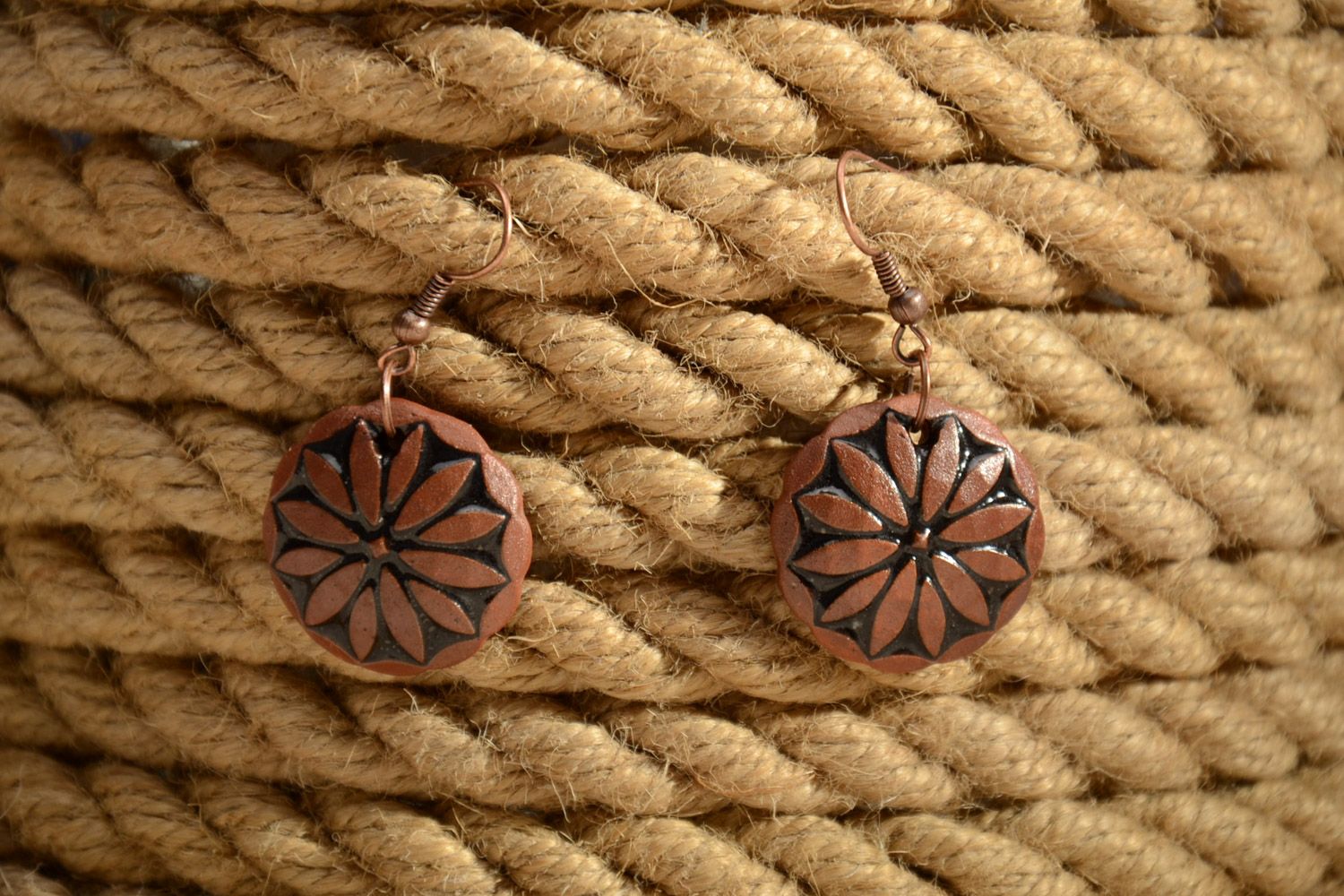 Handmade round ceramic dangle earrings molded of brown clay in ethnic style  photo 1