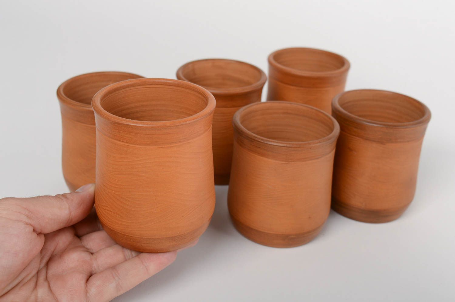Set of 6 six terracotta clay 7 oz cups with no handle in Mexican style photo 5