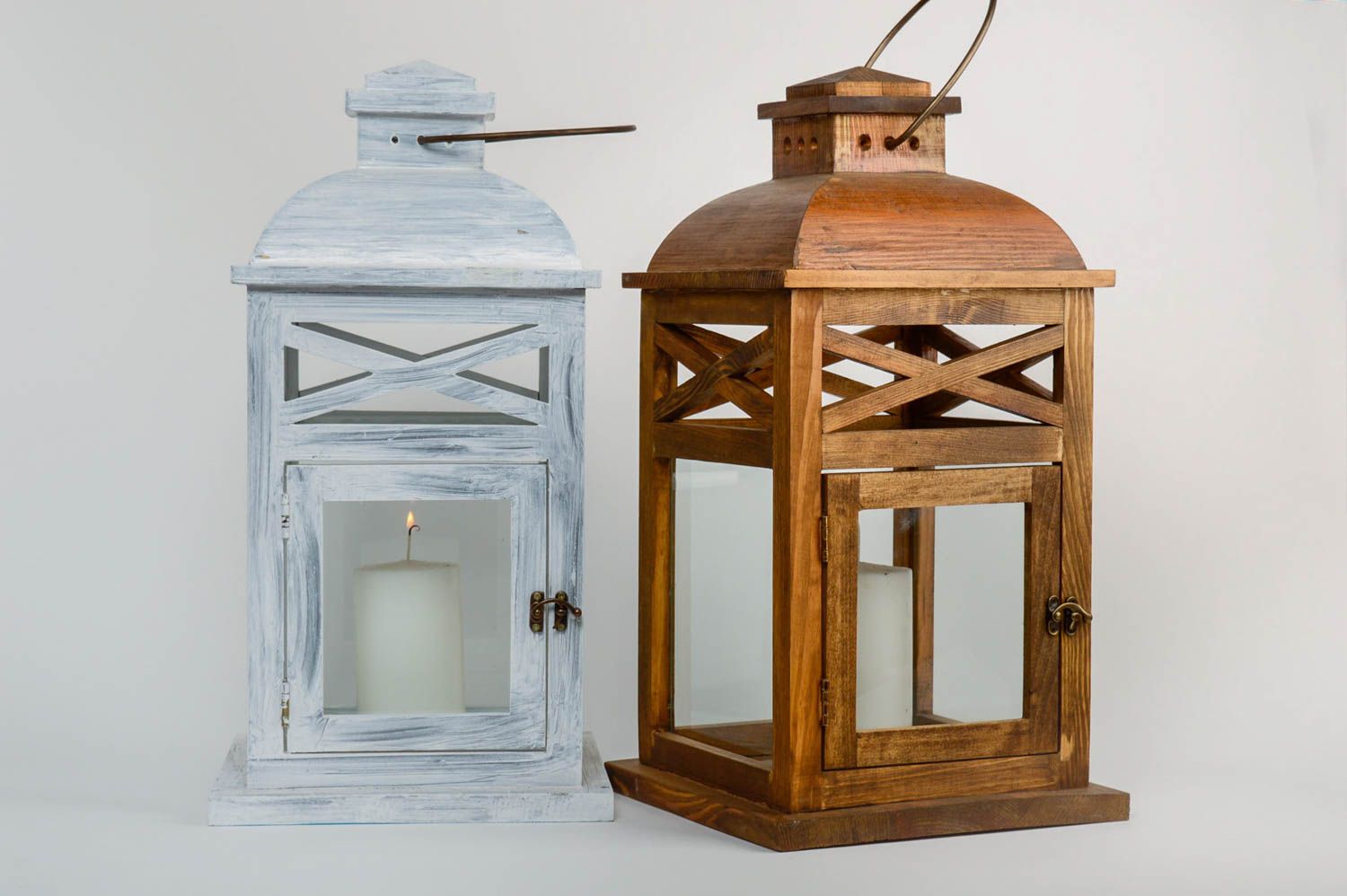 Small handmade decorative hanging wooden lantern with glass door for candle photo 1