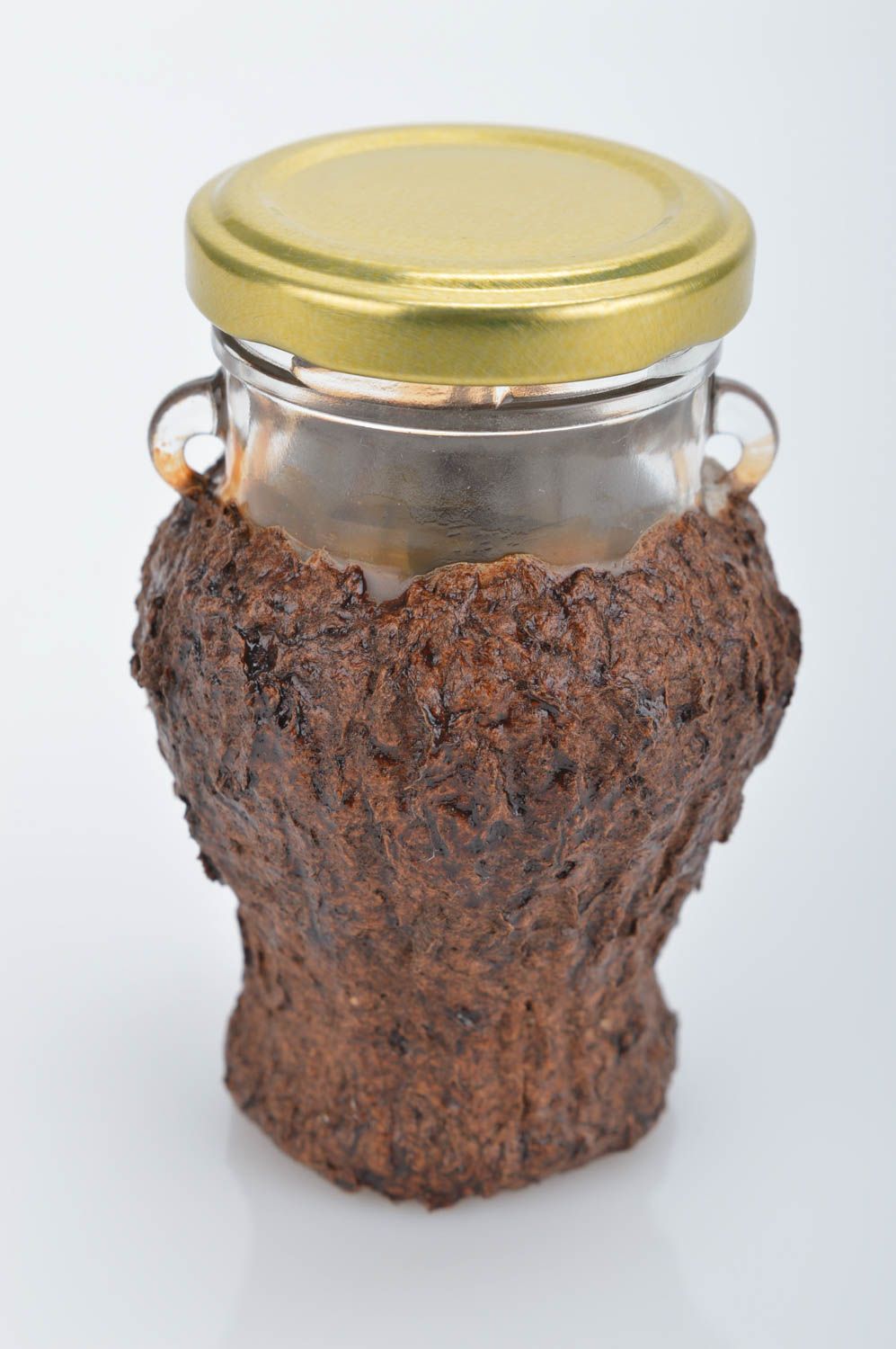 3,5 inches tall glass 4 oz jar with lid covered with brown cellulose cover layer 0,27 lb photo 2