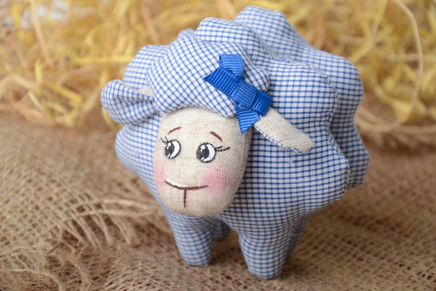 Handmade checkered linen fabric soft toy for children and interior photo 1