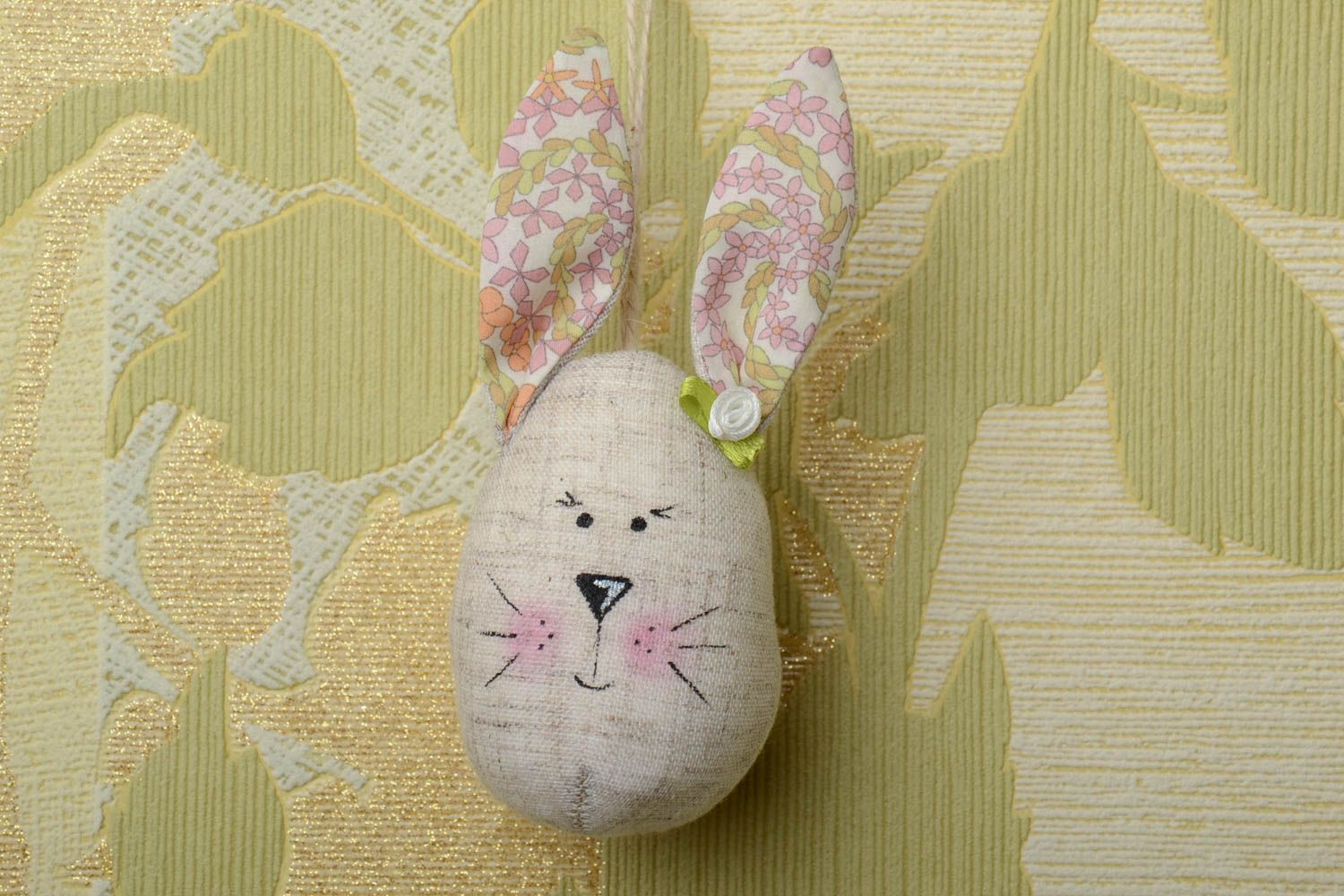 Unusual handmade designer fabric interior pendant toy hare sewn of natural materials photo 1