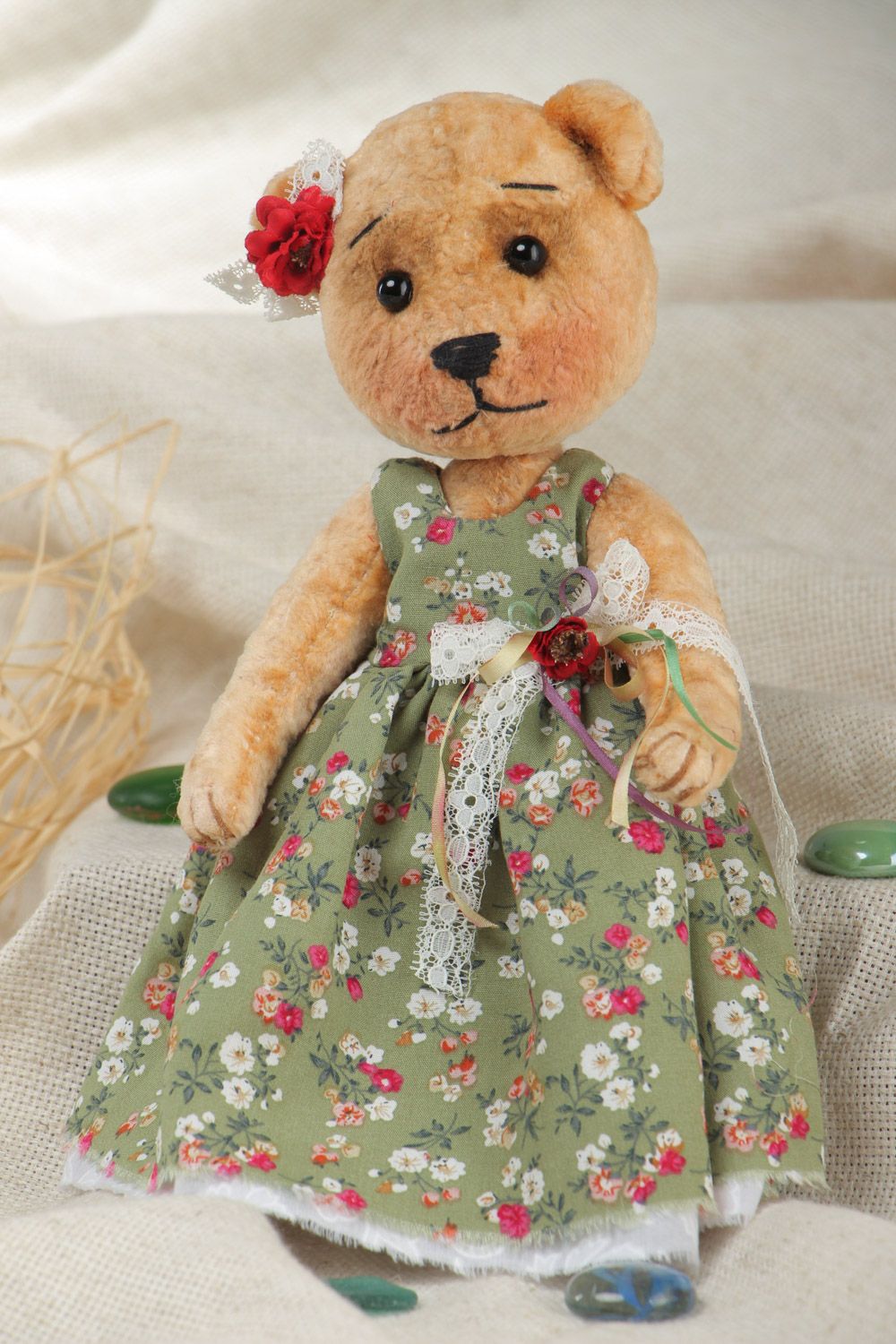 Handmade soft plush toy bear girl in long dress with floral pattern for children photo 1