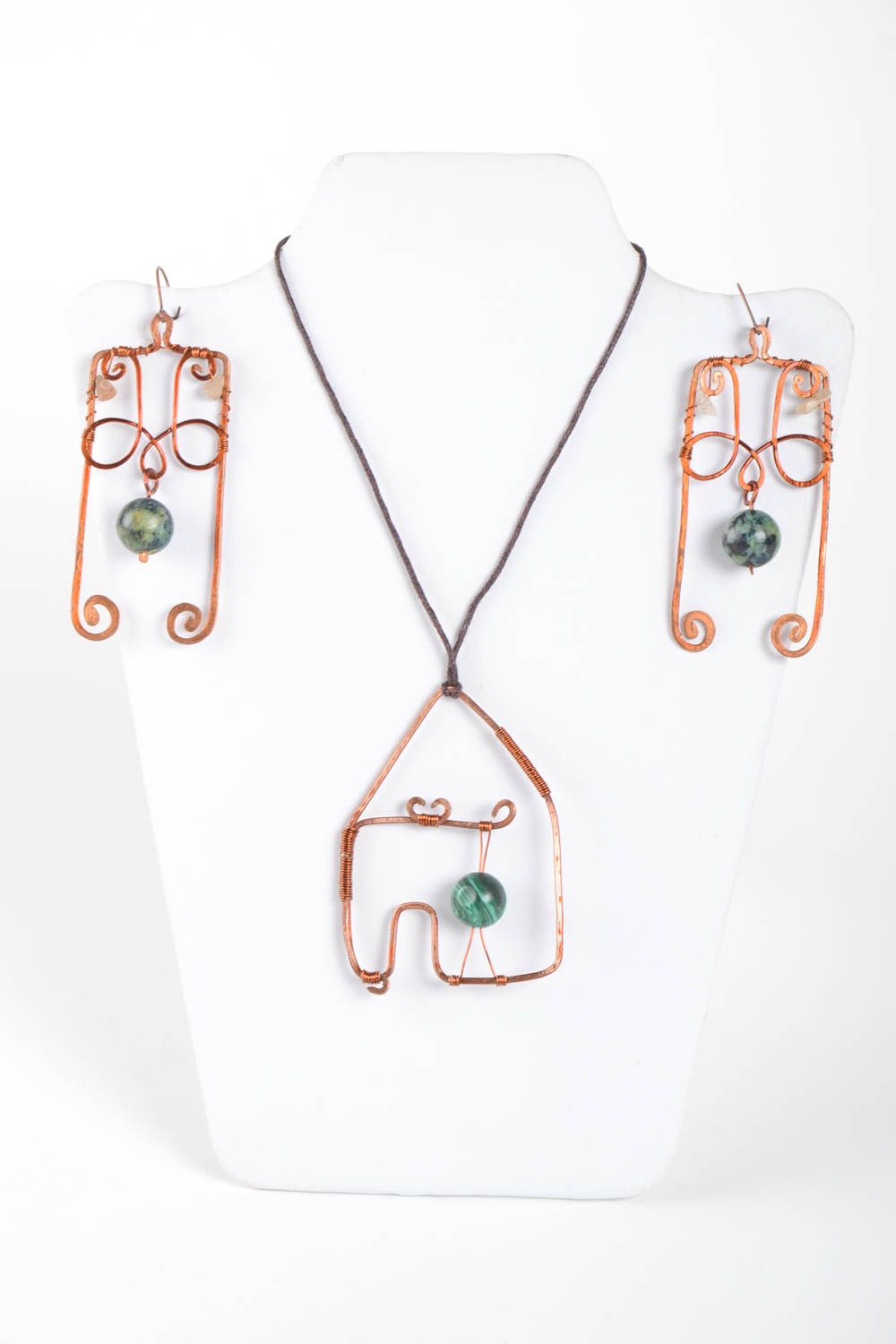 Handmade earrings with natural stones wire wrap pendant copper jewelry photo 2