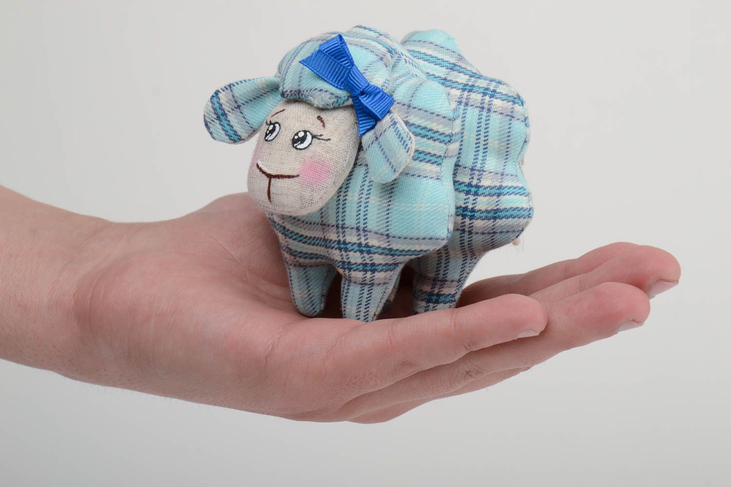 Handmade small blue checkered cotton and linen fabric soft toy lamb with bow photo 5