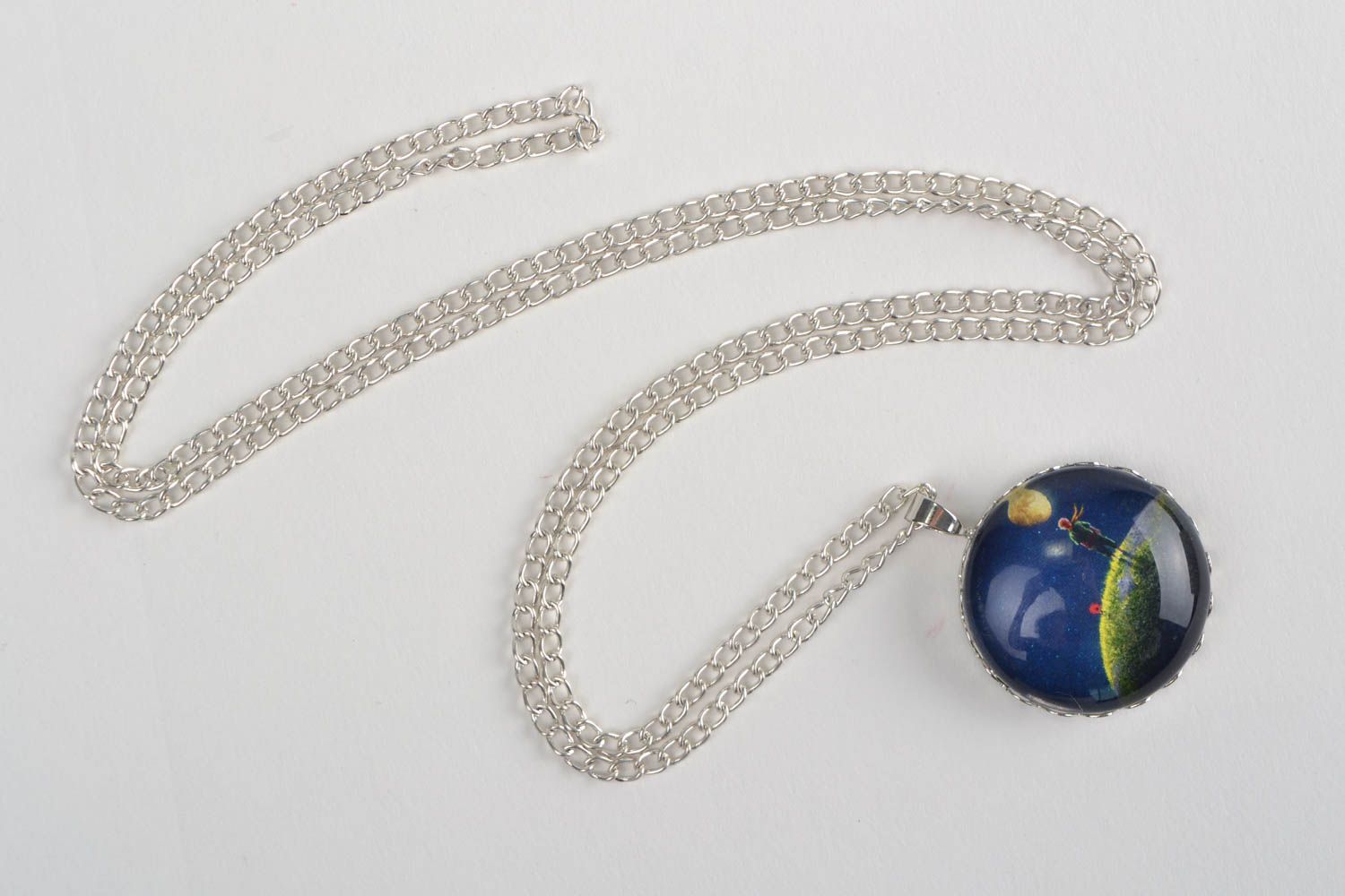 Handmade small round pendant with glass on long metal chain Starry Sky  photo 3