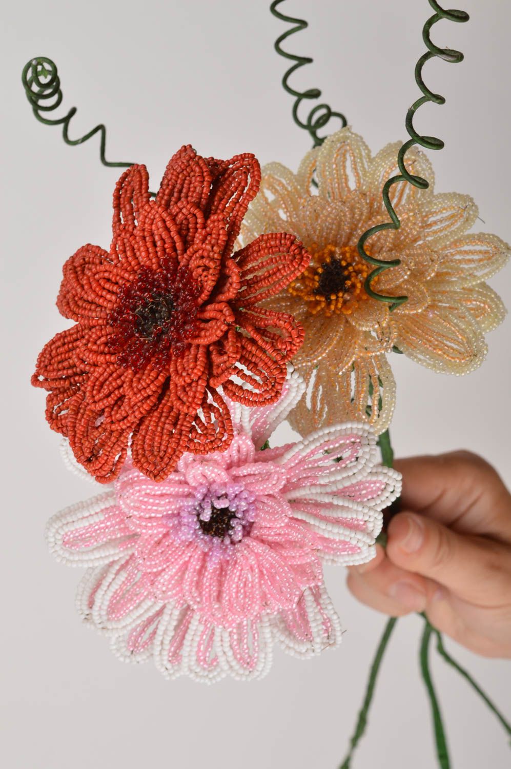 Set of 3 handmade designer artificial beaded flowers for interior decor photo 3