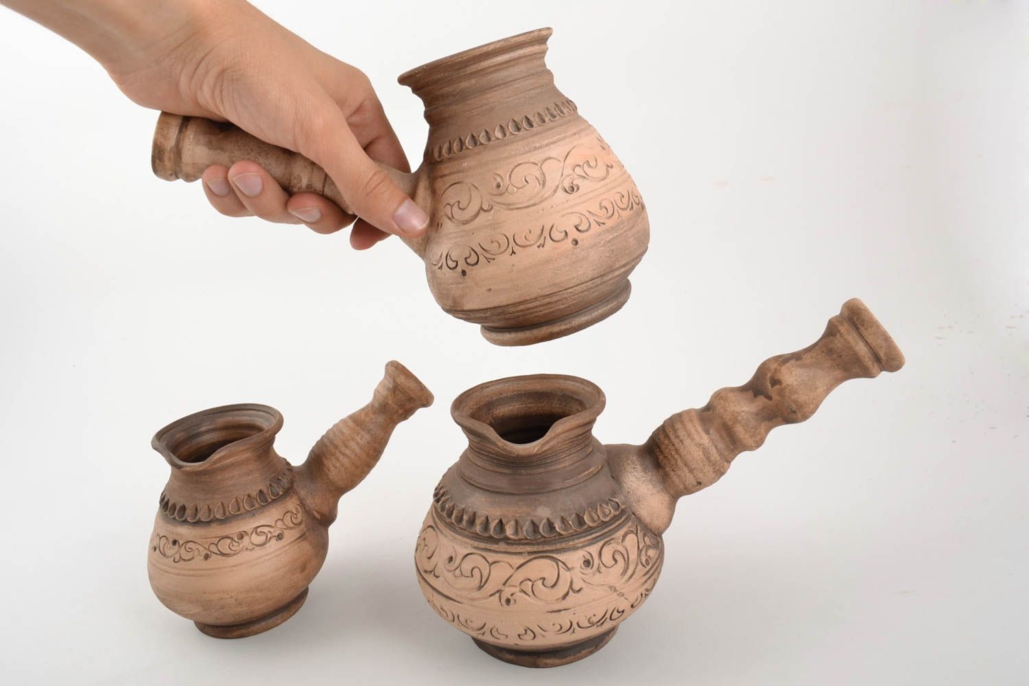 Handmade Ton Kaffeekocher Set aus Keramik mit Ornament 500 ml und 250 ml 3 Stück foto 5