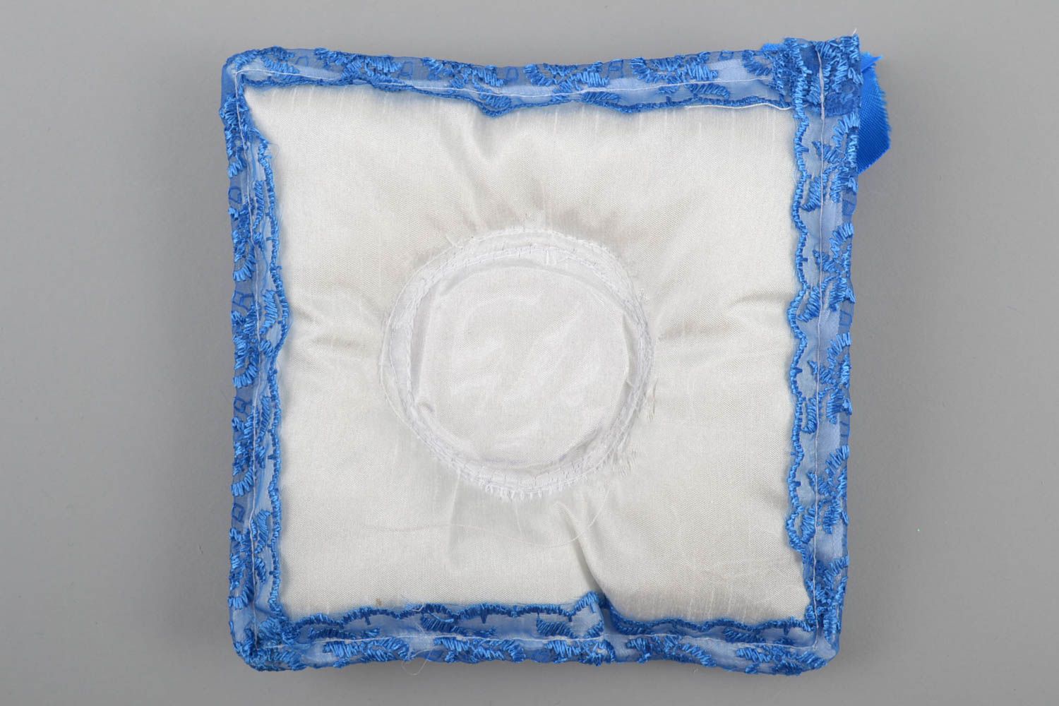 Unusual beautiful homemade white wedding ring pillow with beads and blue lace photo 3