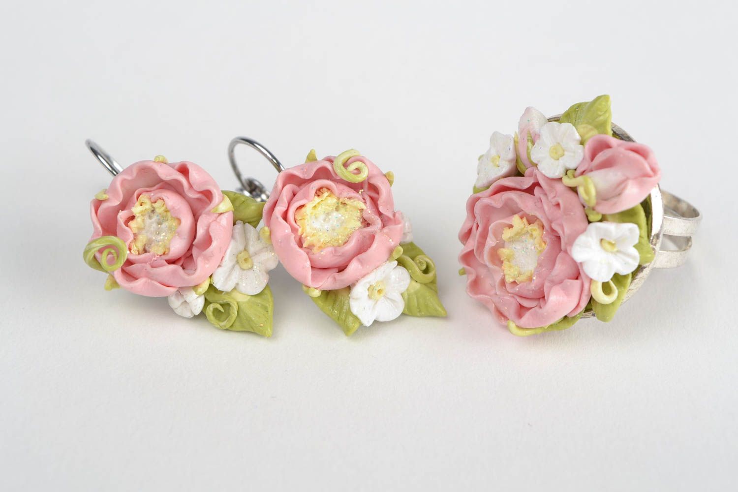 Beautiful unusual nice tender handmade polymer clay rose earrings and ring set   photo 3