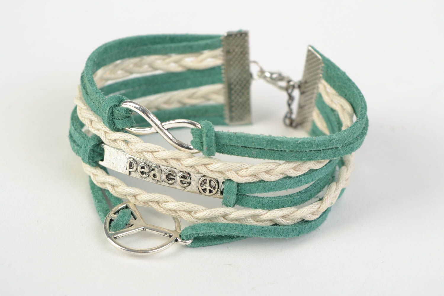 Handmade woven suede cord bracelet with metal charms for women photo 3