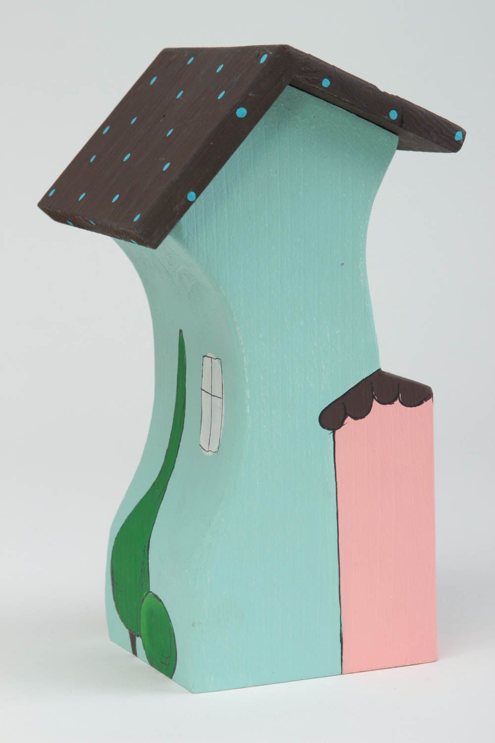 Фигурка из дерева для декора домик ручной работы из сосны голубой розовый кот фото 3