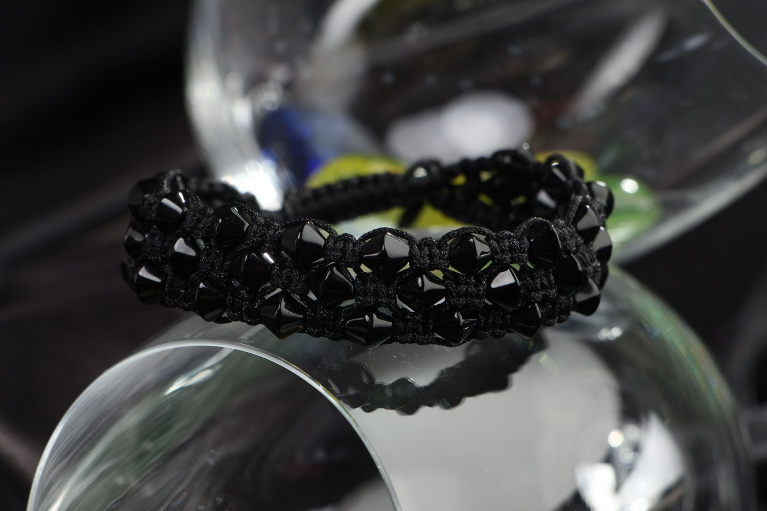 Handmade laconic friendship bracelet woven of black cord and beads for women photo 4