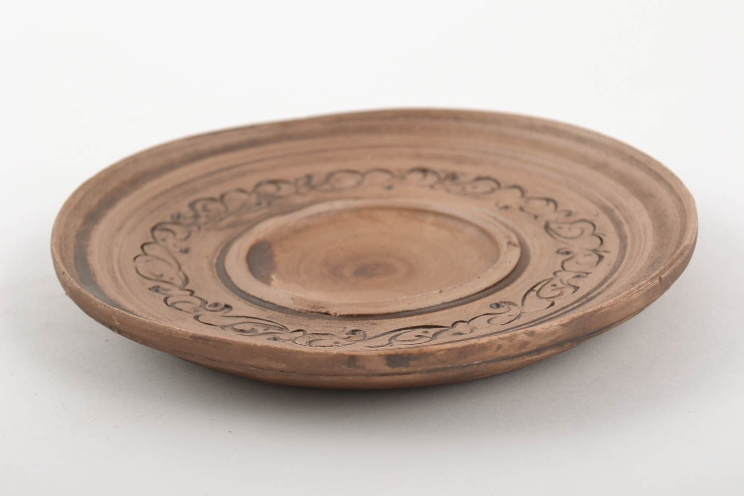 Handmade designer small round flat ceramic ornament plate kilned with milk photo 5