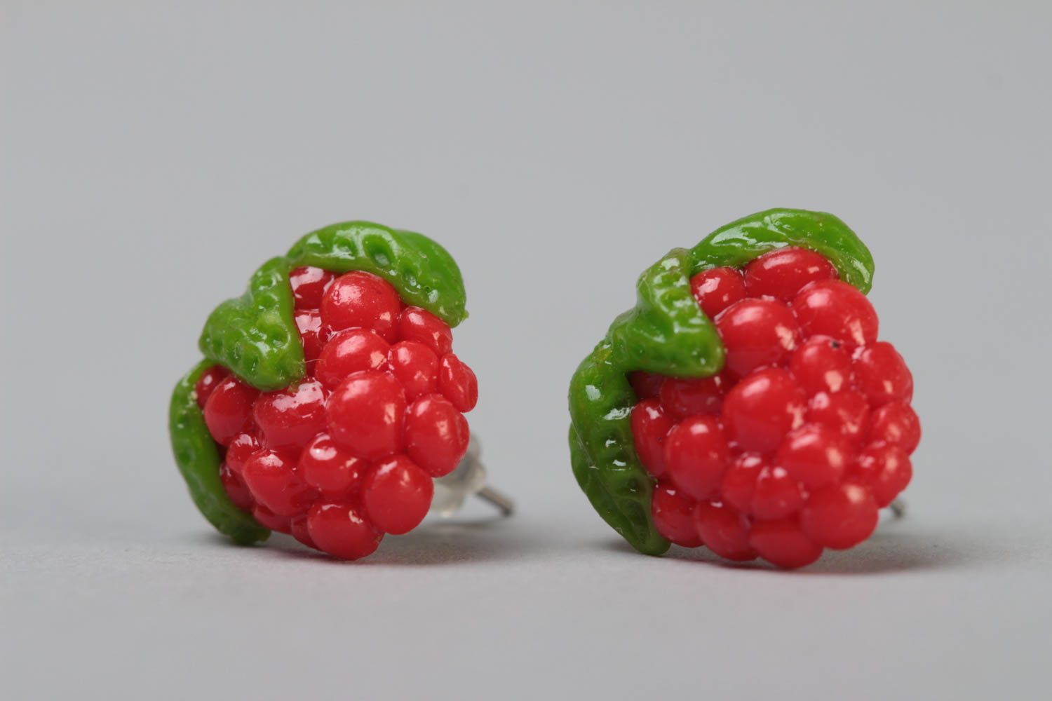 Handmade designer bright polymer clay stud earrings in the shape of raspberry photo 2