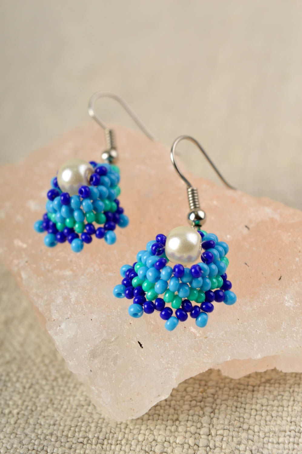 Handmade blue beaded earrings unusual elegant earrings unusual accessory photo 1