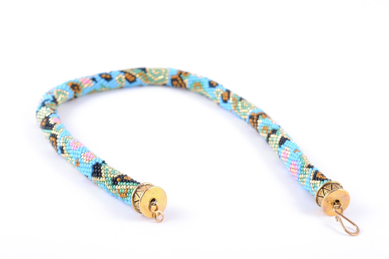 Handmade Czech bead cord necklace of turquoise color with unusual patterns photo 5